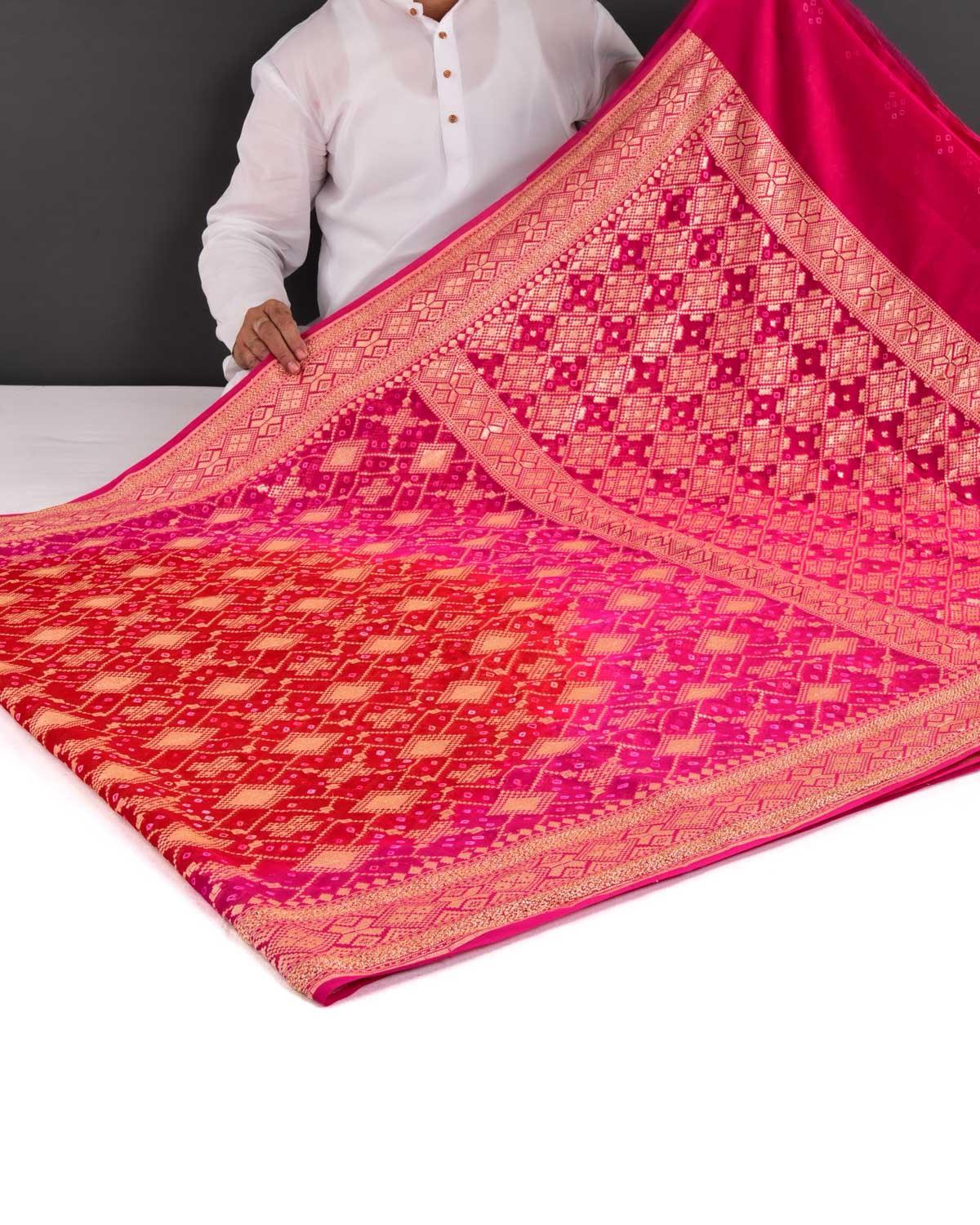 Shaded Red-Pink Banarasi Cutwork Brocade Handwoven Khaddi Georgette Saree with White & Yellow Bandhej - By HolyWeaves, Benares