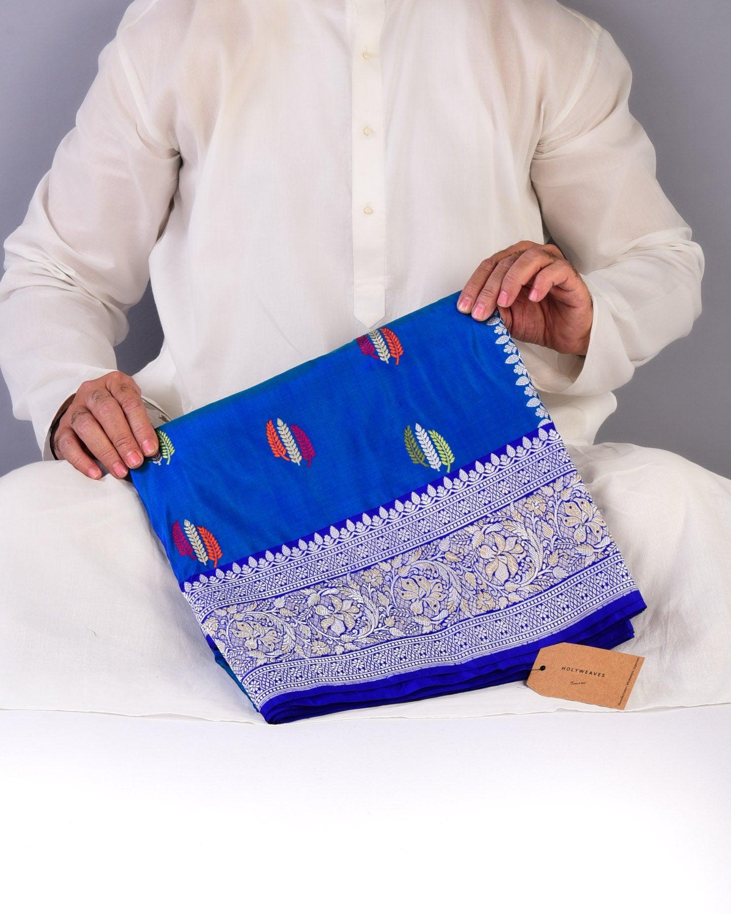 Shot Blue Banarasi Multi-color Kadhuan Brocade Handwoven Katan Silk Saree - By HolyWeaves, Benares