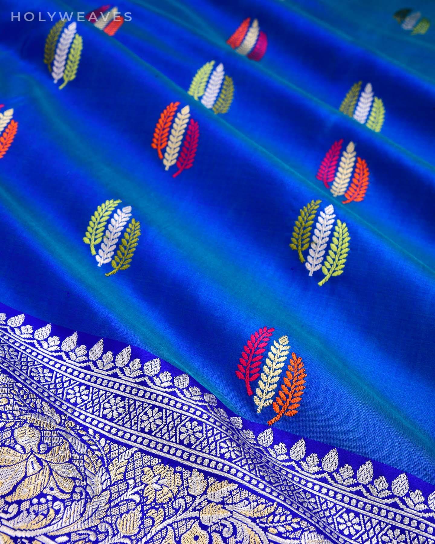 Shot Blue Banarasi Multi-color Kadhuan Brocade Handwoven Katan Silk Saree - By HolyWeaves, Benares