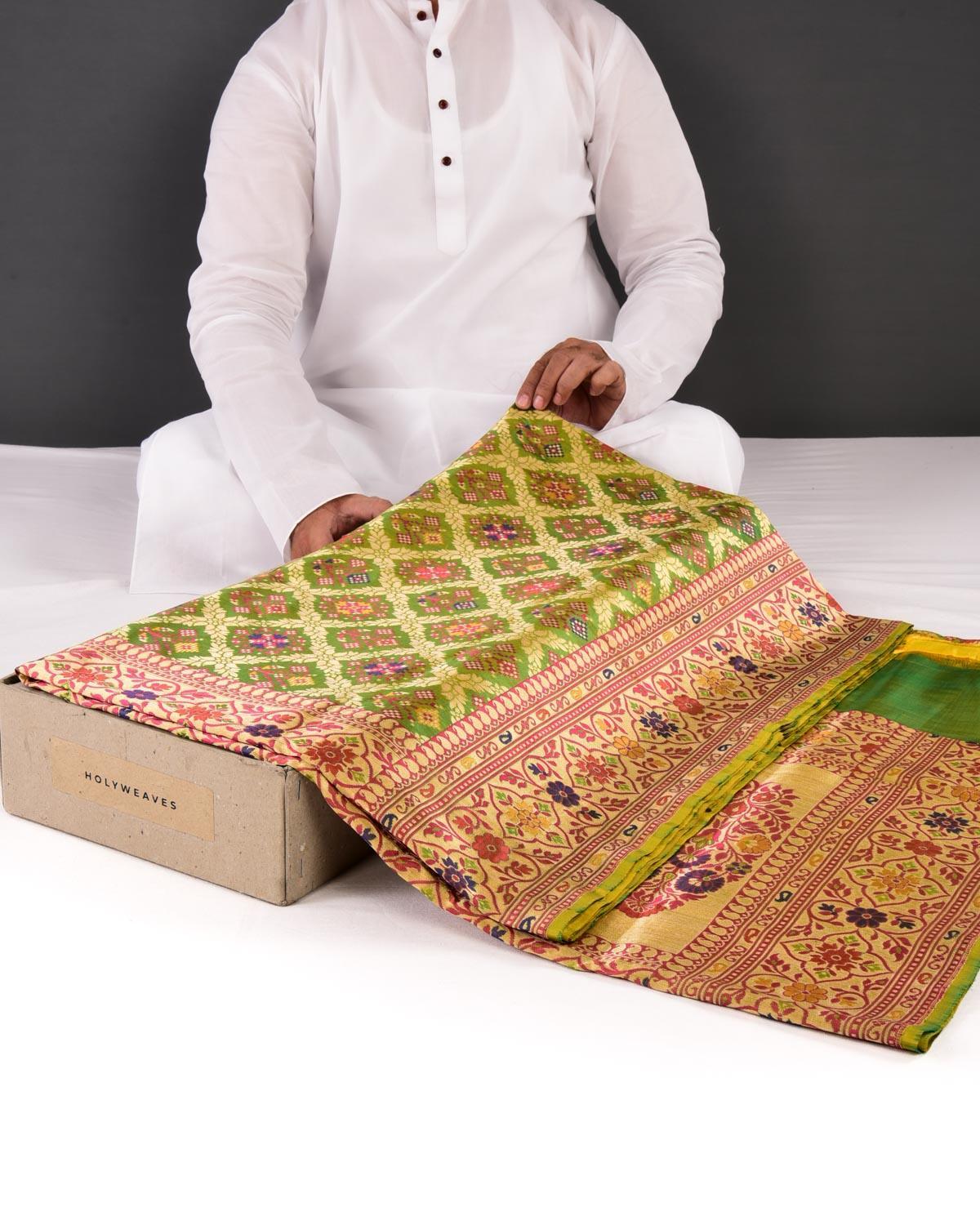 Shot Bud Green Banarasi Patola Chauhara Meena Cutwork Brocade Handwoven Katan Silk Saree - By HolyWeaves, Benares