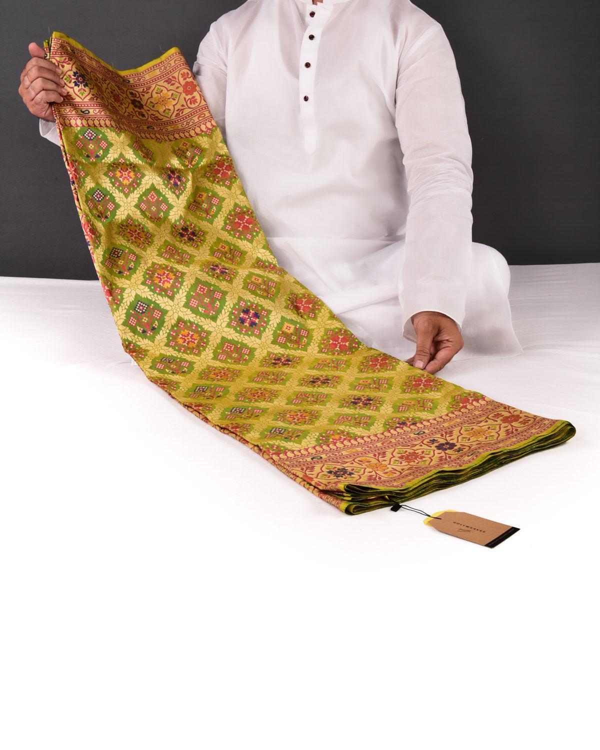 Shot Bud Green Banarasi Patola Chauhara Meena Cutwork Brocade Handwoven Katan Silk Saree - By HolyWeaves, Benares