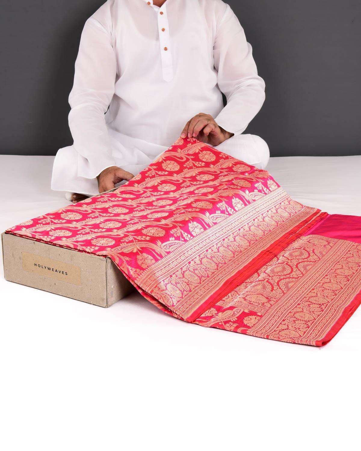 Shot Fuchsia Pink Banarasi Diagonal Paisleys Gold Zari Cutwork Brocade Handwoven Katan Silk Saree - By HolyWeaves, Benares