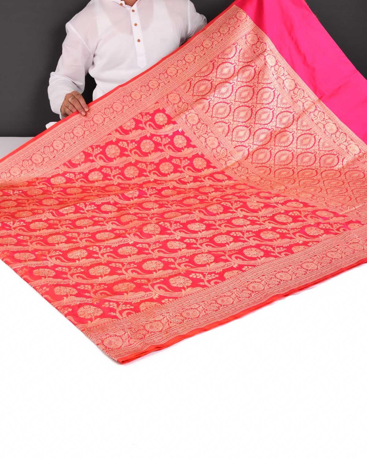 Shot Fuchsia Pink Banarasi Diagonal Paisleys Gold Zari Cutwork Brocade Handwoven Katan Silk Saree - By HolyWeaves, Benares