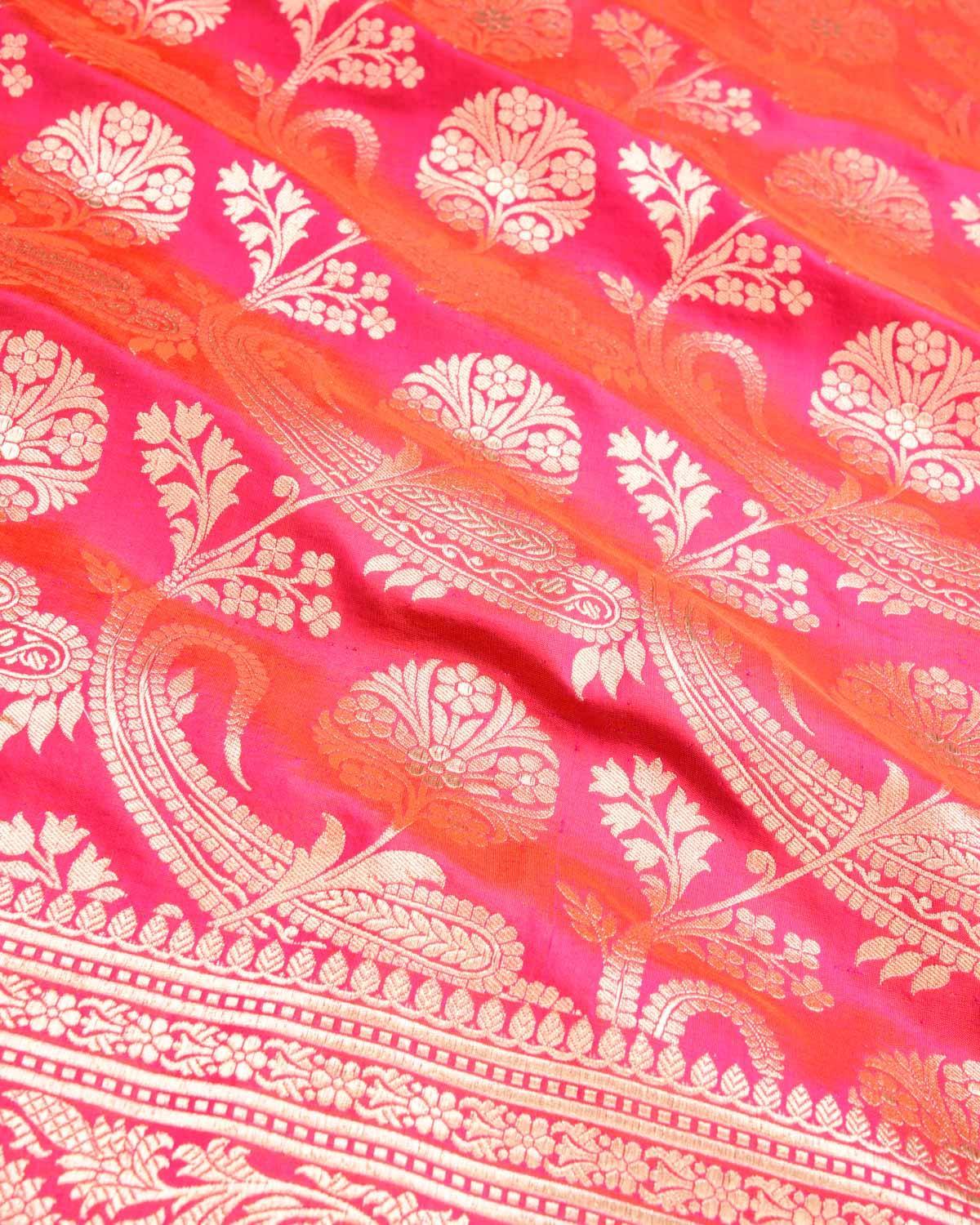 Shot Fuchsia Pink Banarasi Diagonal Paisleys Gold Zari Cutwork Brocade Handwoven Katan Silk Saree - By HolyWeaves, Benares