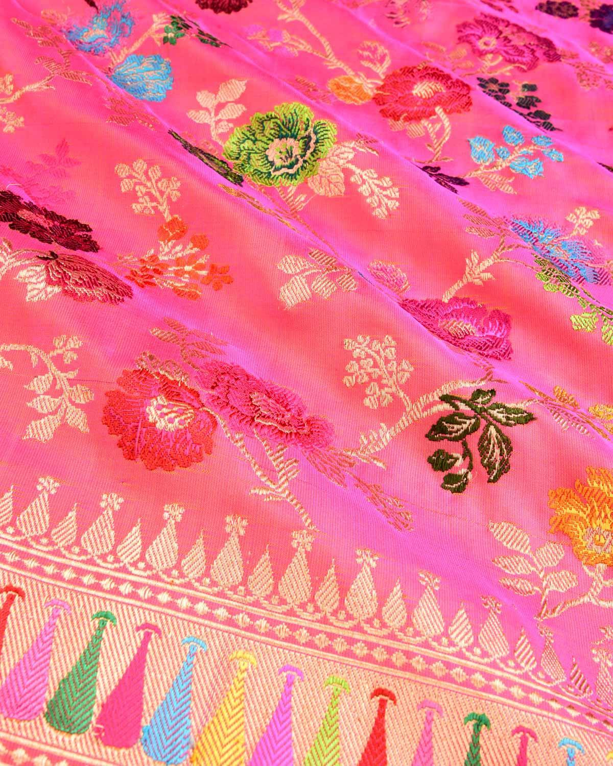 Shot Fuchsia Pink Banarasi "Hues of Nature" Kadhuan Brocade Handwoven Katan Silk Saree - By HolyWeaves, Benares