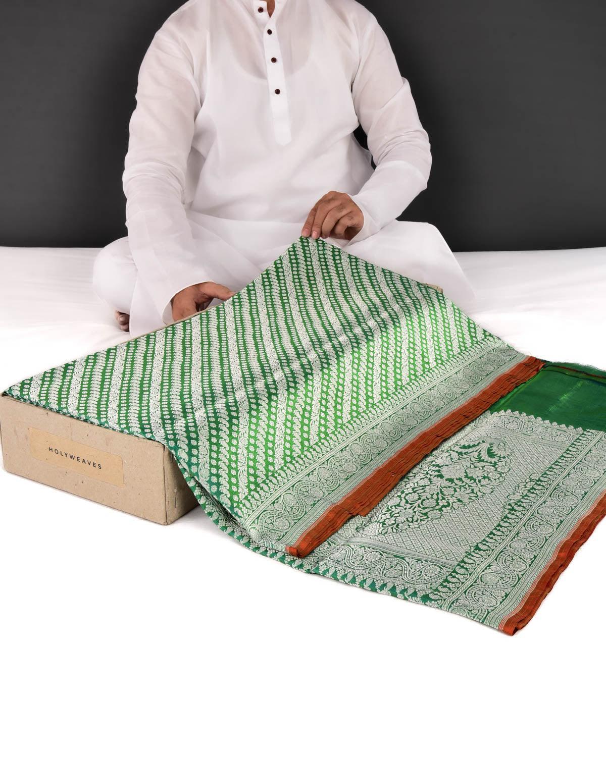 Shot Green Banarasi Silver Zari Diaganol Stripes Cutwork Brocade Handwoven Katan Silk Saree - By HolyWeaves, Benares