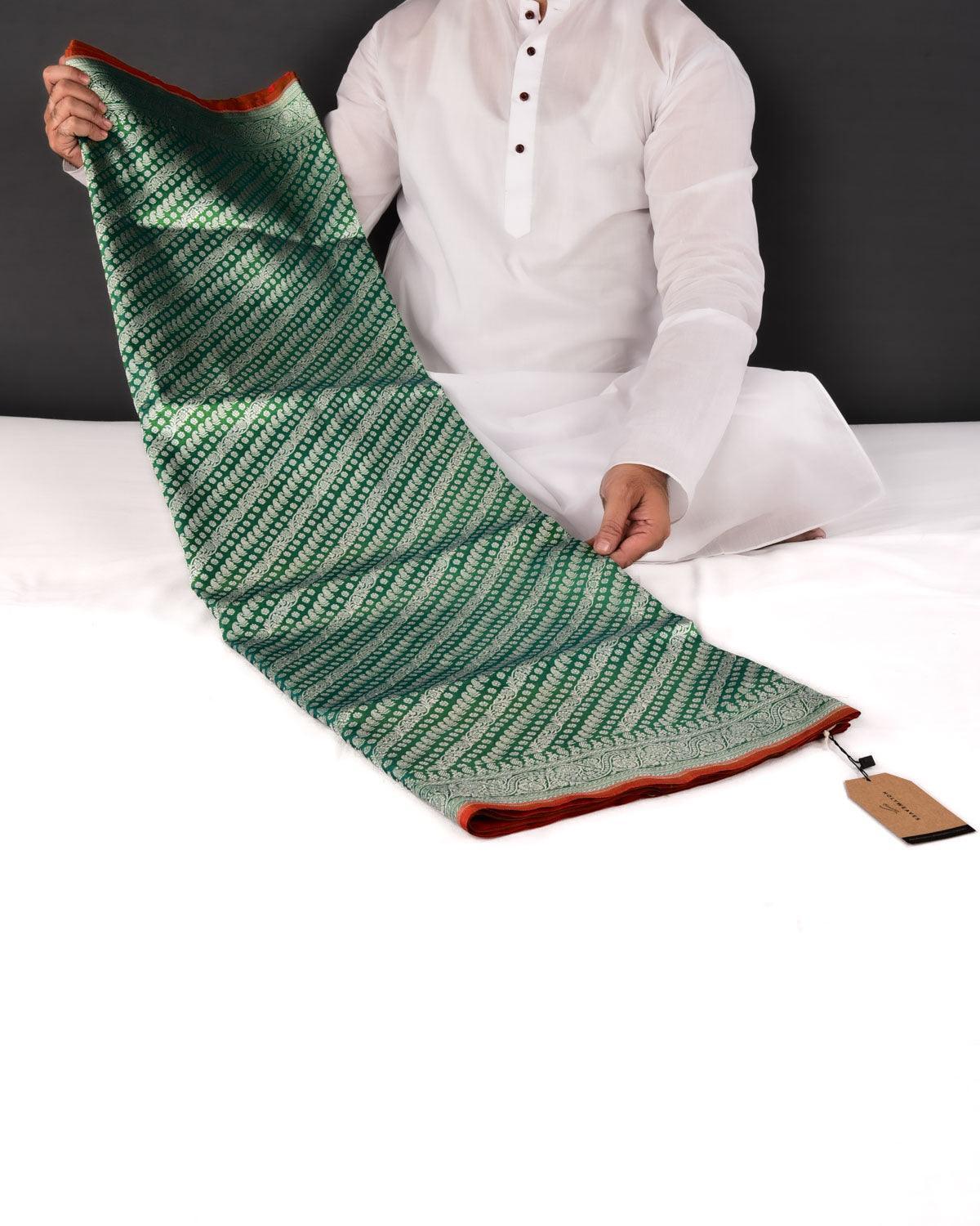 Shot Green Banarasi Silver Zari Diaganol Stripes Cutwork Brocade Handwoven Katan Silk Saree - By HolyWeaves, Benares