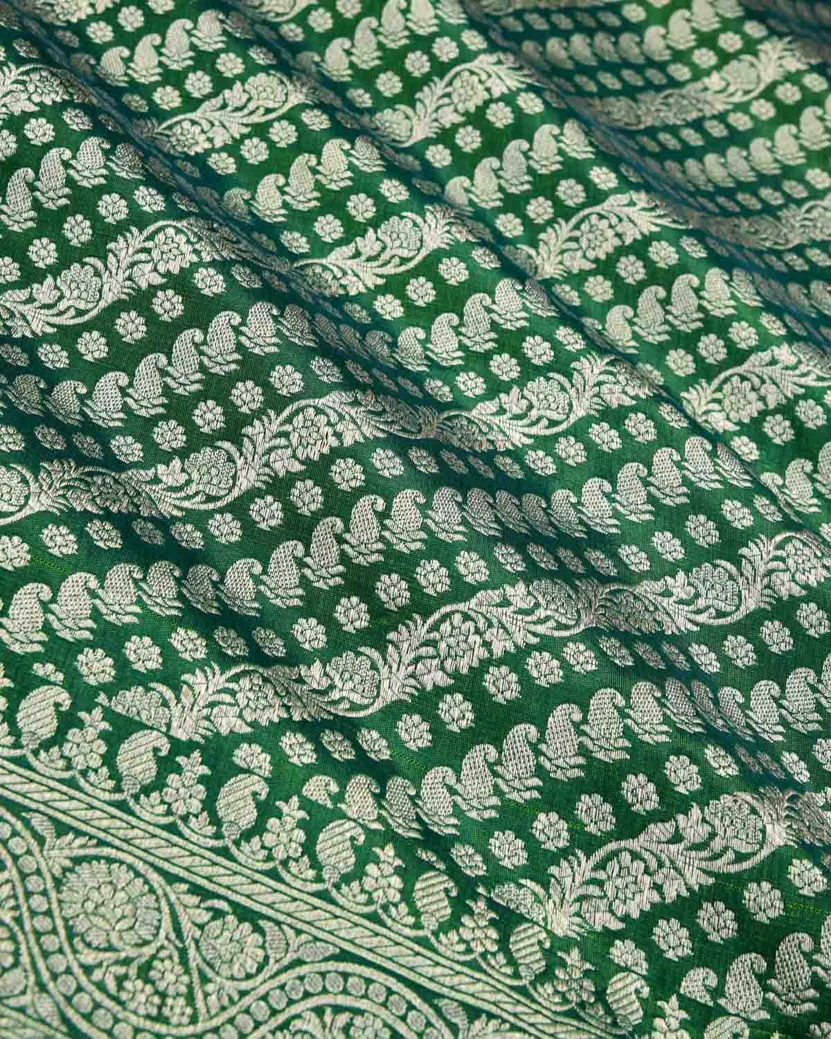 Shot Green Banarasi Silver Zari Diaganol Stripes Cutwork Brocade Handwoven Katan Silk Saree - By HolyWeaves, Benares