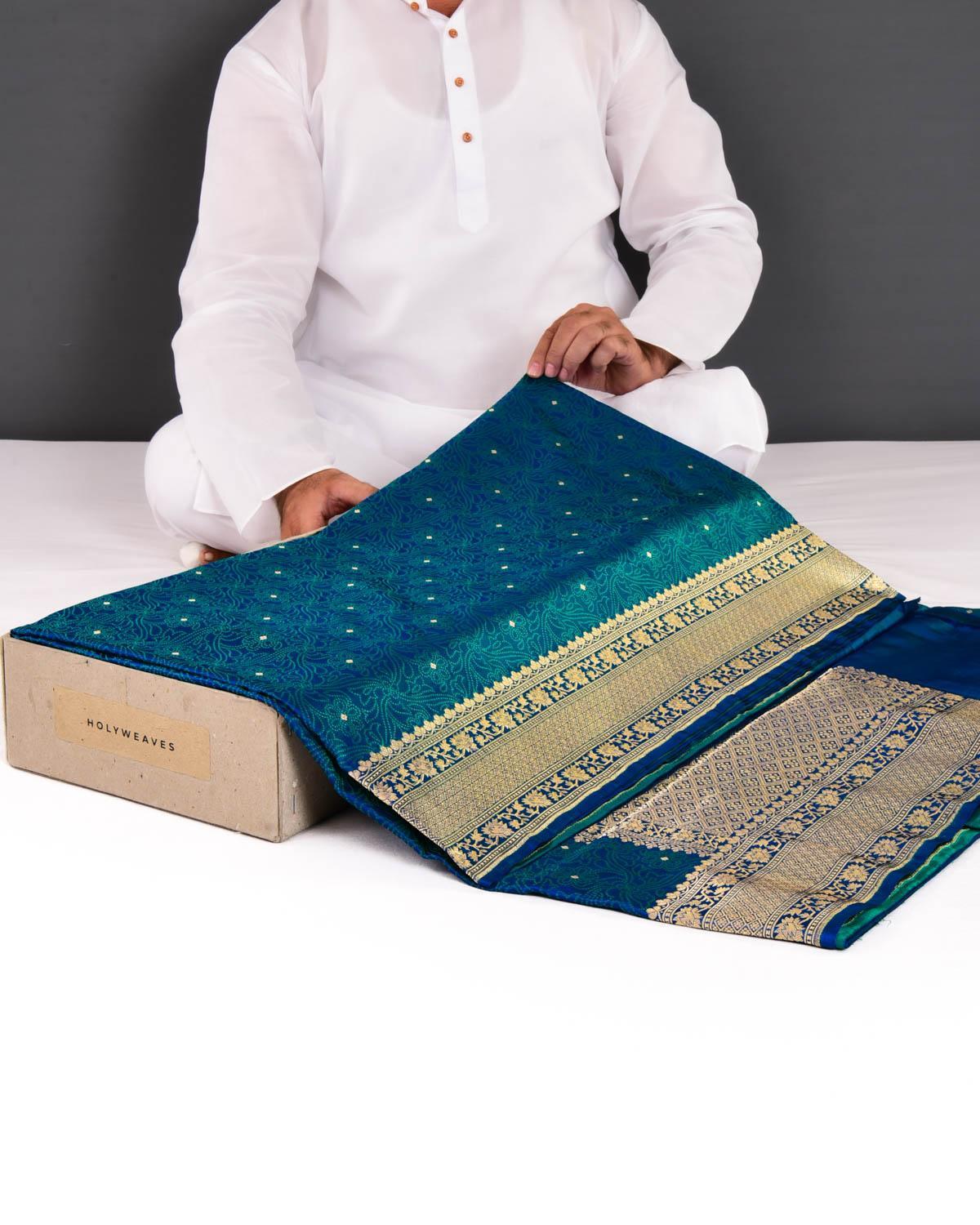 Shot Green On Blue Banarasi Dotted Jaal Satin Tanchoi Brocade Handwoven Katan Silk Saree - By HolyWeaves, Benares