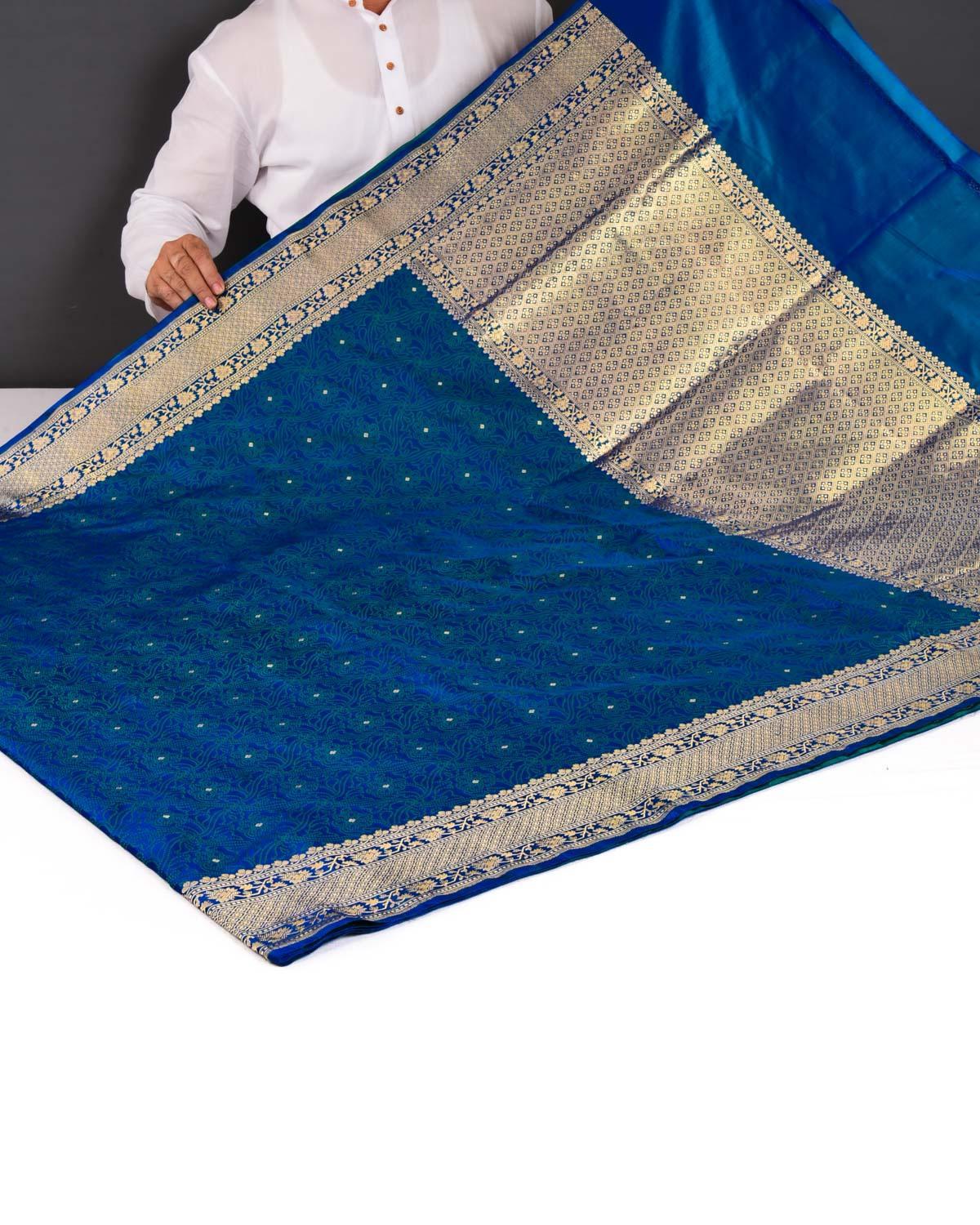 Shot Green On Blue Banarasi Dotted Jaal Satin Tanchoi Brocade Handwoven Katan Silk Saree - By HolyWeaves, Benares