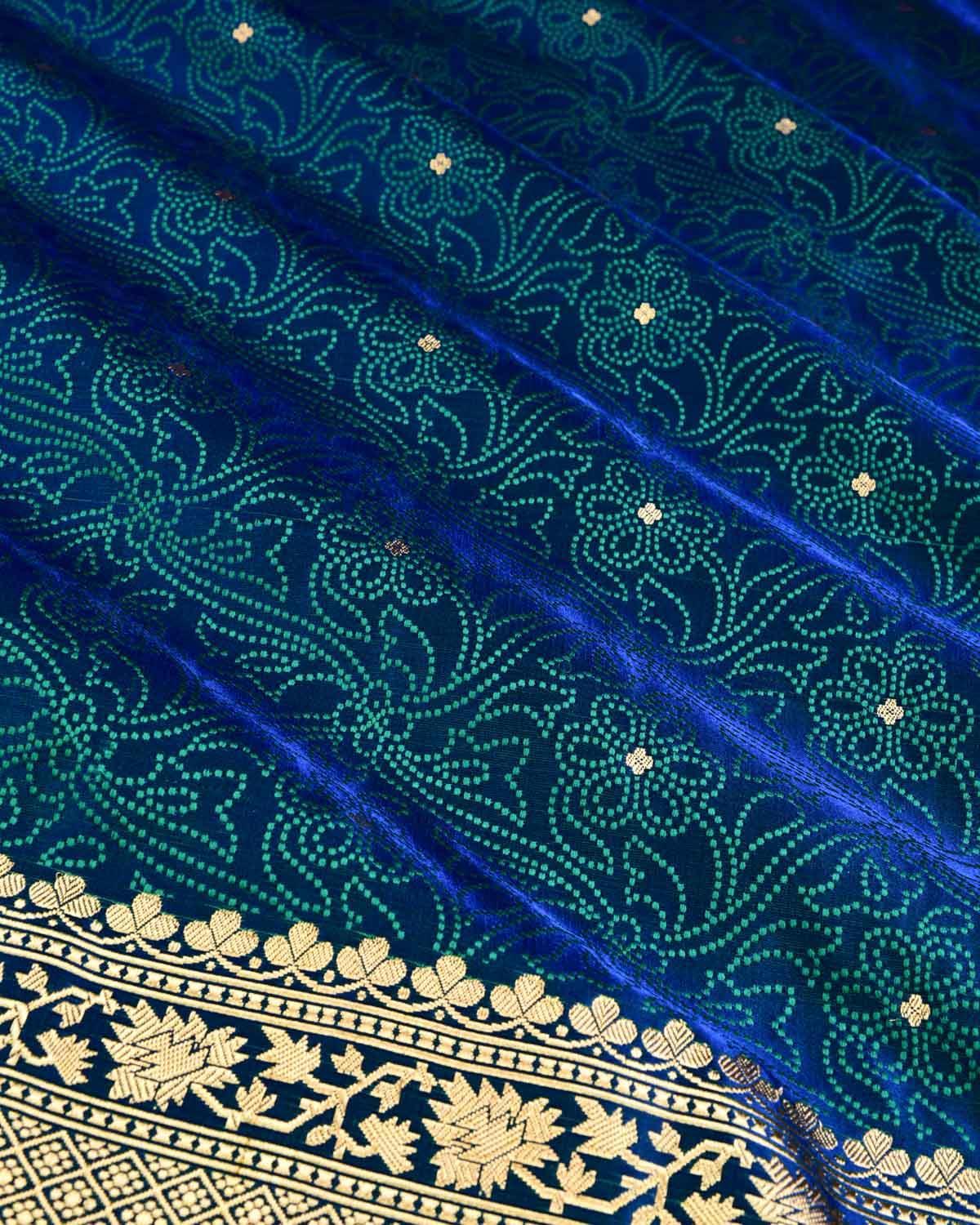 Shot Green On Blue Banarasi Dotted Jaal Satin Tanchoi Brocade Handwoven Katan Silk Saree - By HolyWeaves, Benares