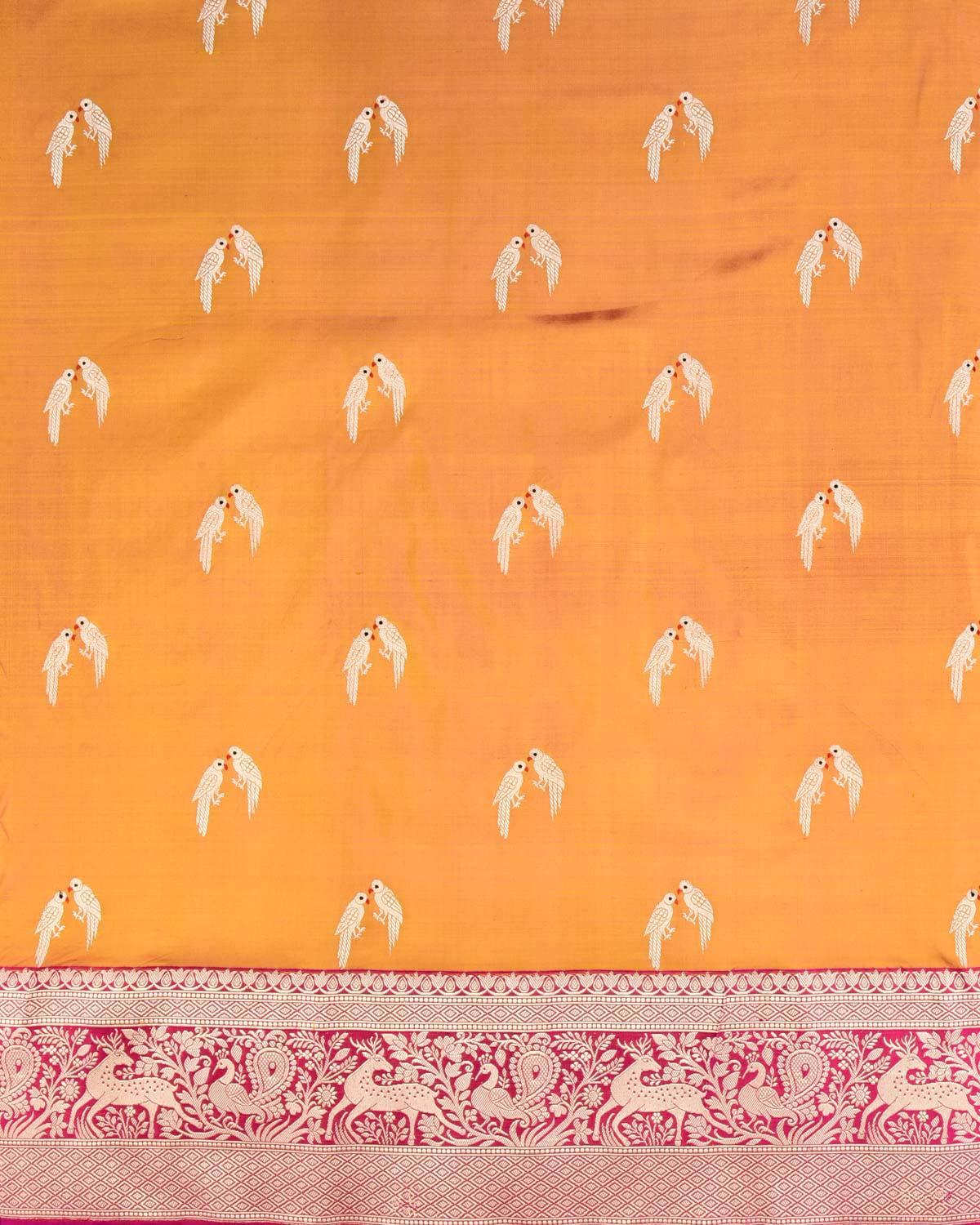 Shot Mustard Yellow Banarasi Love-Birds Kadhuan Brocade Handwoven Katan Silk Saree - By HolyWeaves, Benares
