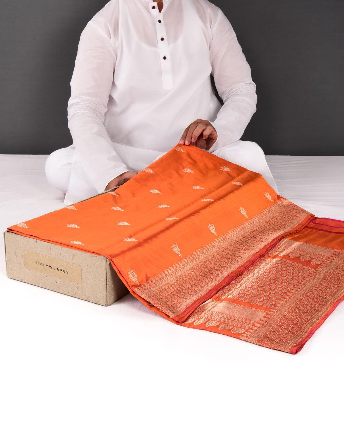 Shot Orange Banarasi Gold Zari Buti Kadhuan Brocade Handwoven Katan Silk Saree - By HolyWeaves, Benares