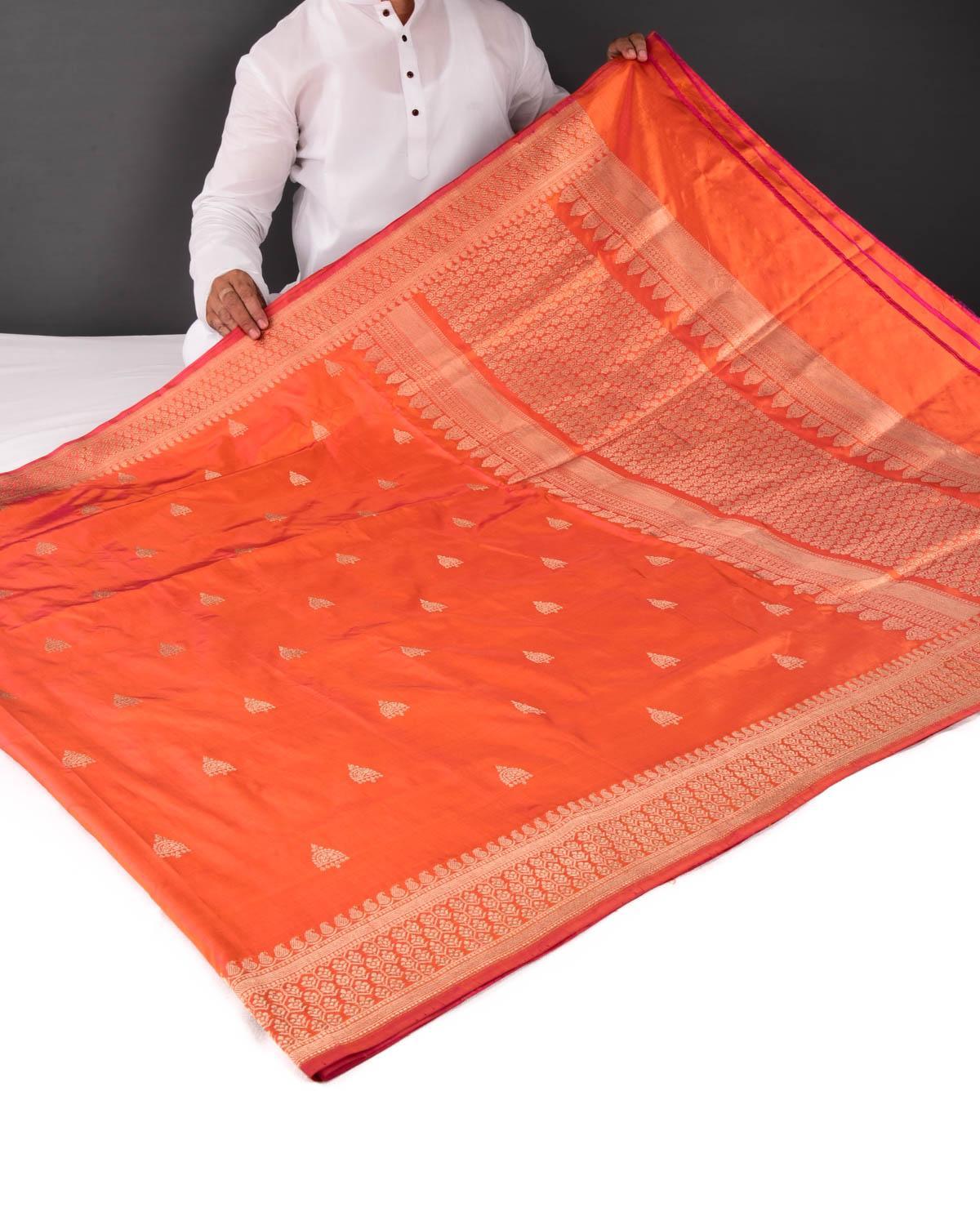 Shot Orange Banarasi Gold Zari Buti Kadhuan Brocade Handwoven Katan Silk Saree - By HolyWeaves, Benares