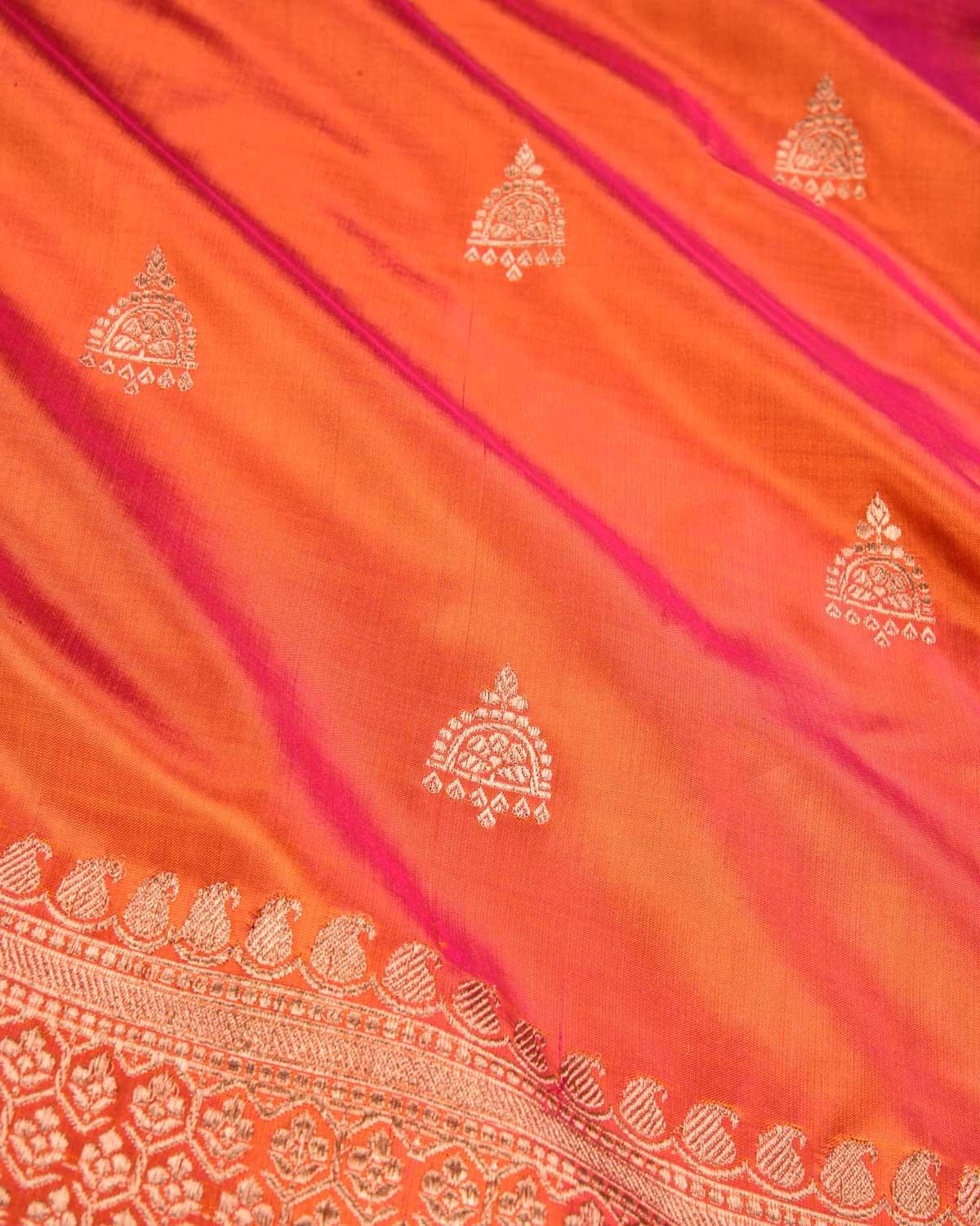 Shot Orange Banarasi Gold Zari Buti Kadhuan Brocade Handwoven Katan Silk Saree - By HolyWeaves, Benares