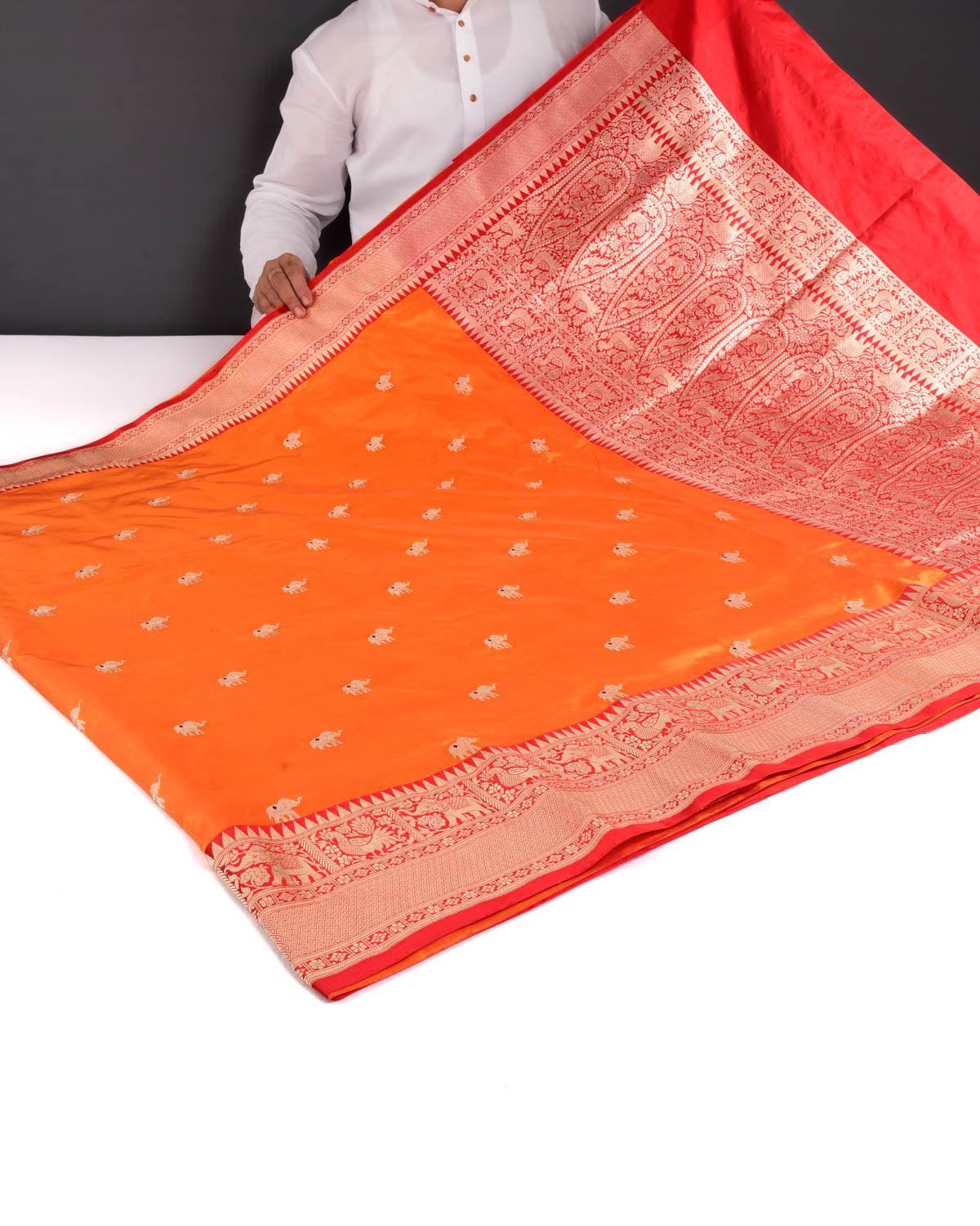 Shot Orange Banarasi Gold Zari Elephant Buti Kadhuan Brocade Handwoven Katan Silk Saree - By HolyWeaves, Benares