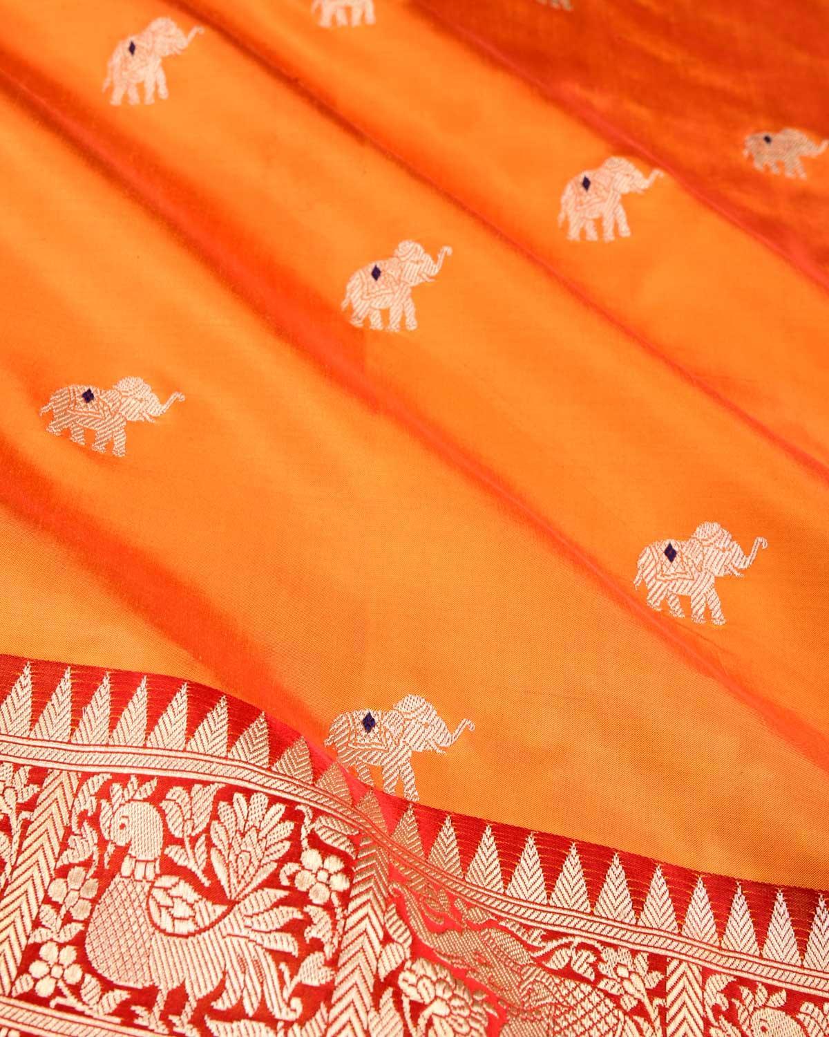 Shot Orange Banarasi Gold Zari Elephant Buti Kadhuan Brocade Handwoven Katan Silk Saree - By HolyWeaves, Benares