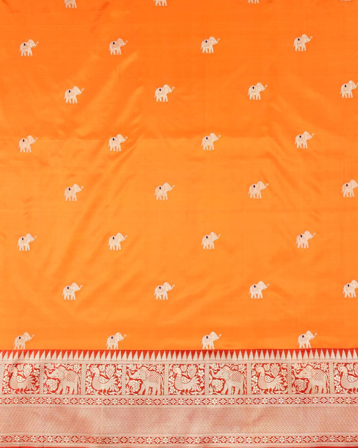 Shot Orange Banarasi Gold Zari Elephant Buti Kadhuan Brocade Handwoven Katan Silk Saree - By HolyWeaves, Benares