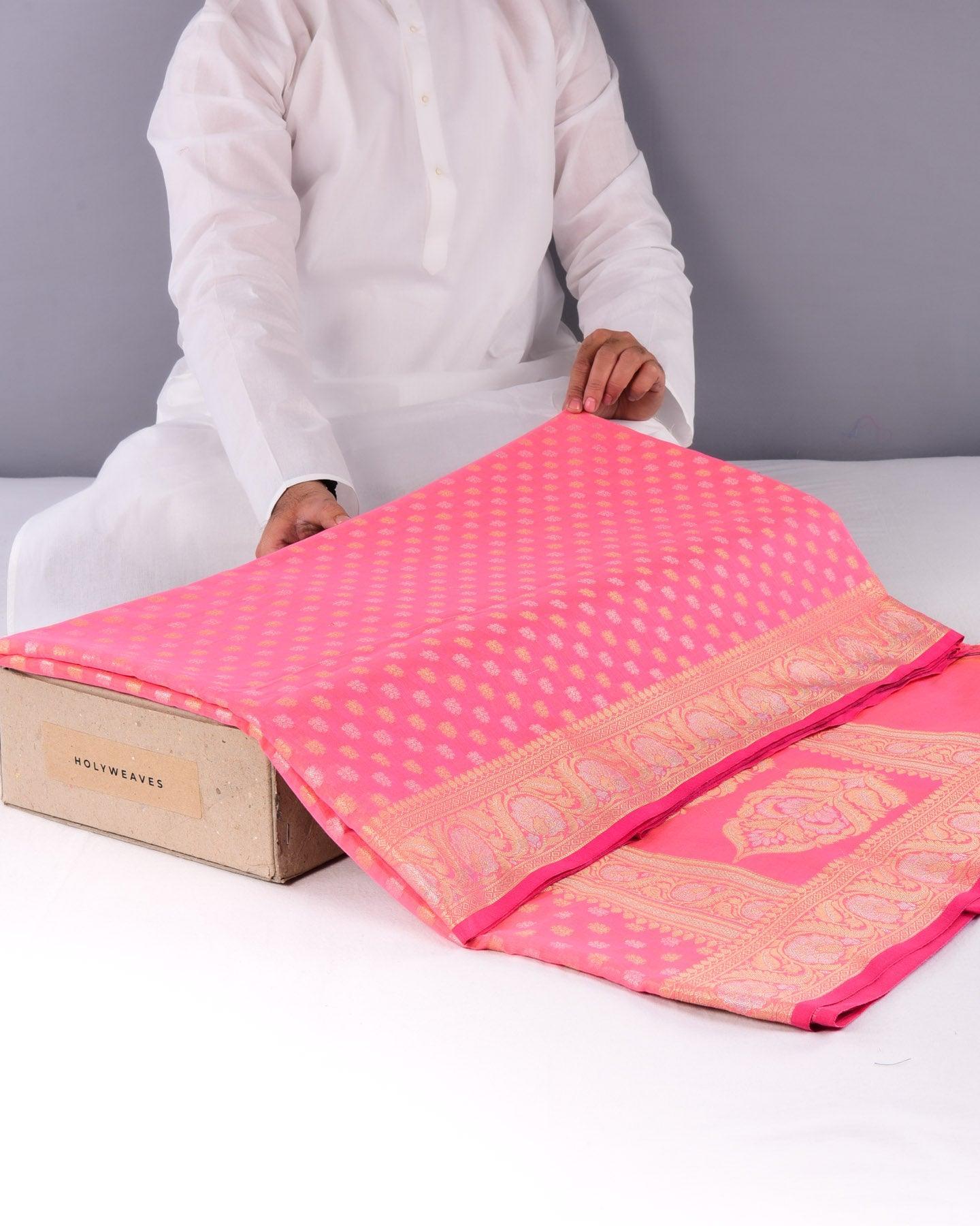 Shot Pink Banarasi Gold & Silver Buti Cutwork Brocade Woven Cotton Silk Saree - By HolyWeaves, Benares