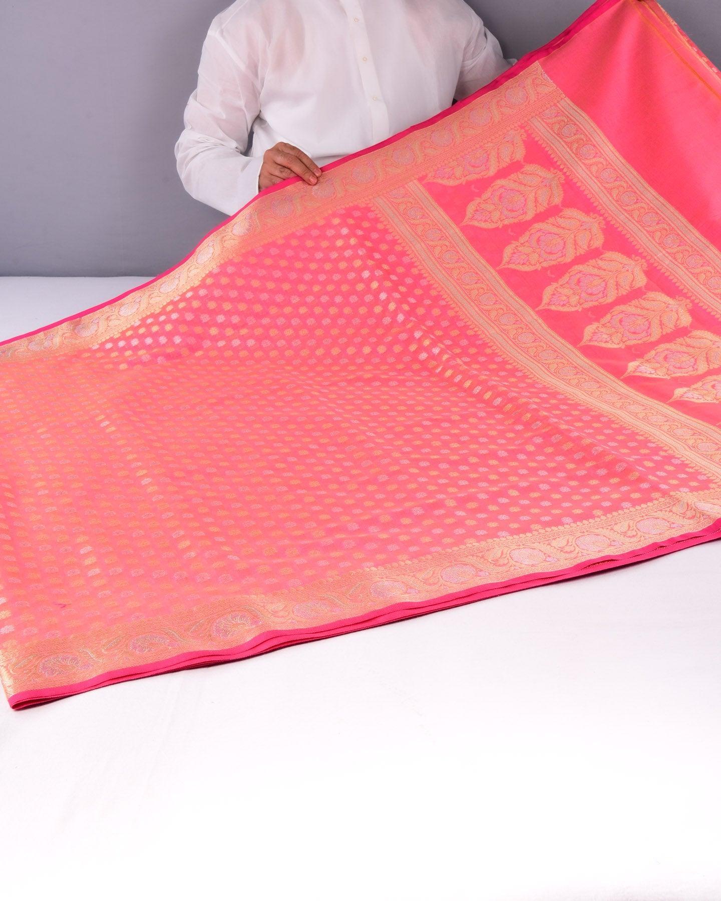 Shot Pink Banarasi Gold & Silver Buti Cutwork Brocade Woven Cotton Silk Saree - By HolyWeaves, Benares