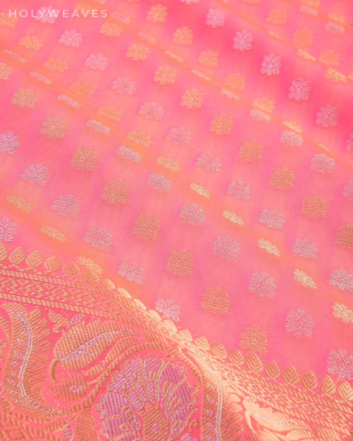 Shot Pink Banarasi Gold & Silver Buti Cutwork Brocade Woven Cotton Silk Saree - By HolyWeaves, Benares