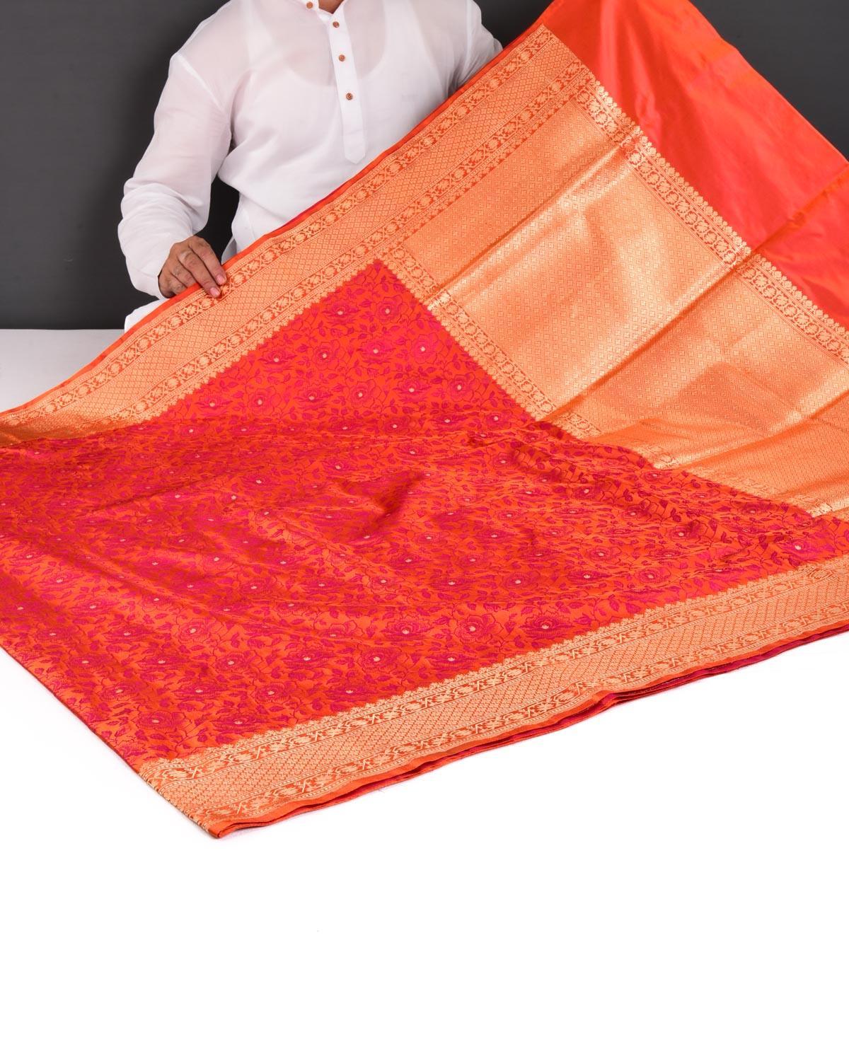 Shot Pink On Orange Banarasi Gulab Jaal Tanchoi Brocade Handwoven Katan Silk Saree - By HolyWeaves, Benares