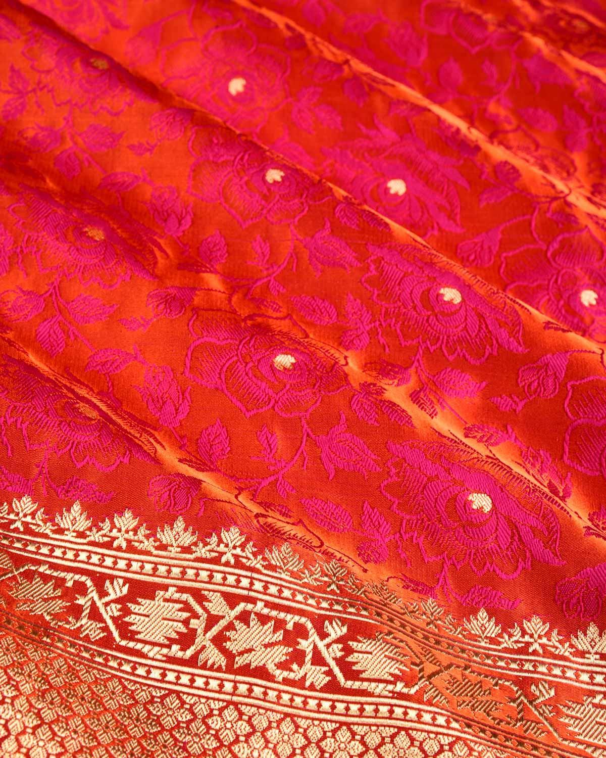 Shot Pink On Orange Banarasi Gulab Jaal Tanchoi Brocade Handwoven Katan Silk Saree - By HolyWeaves, Benares