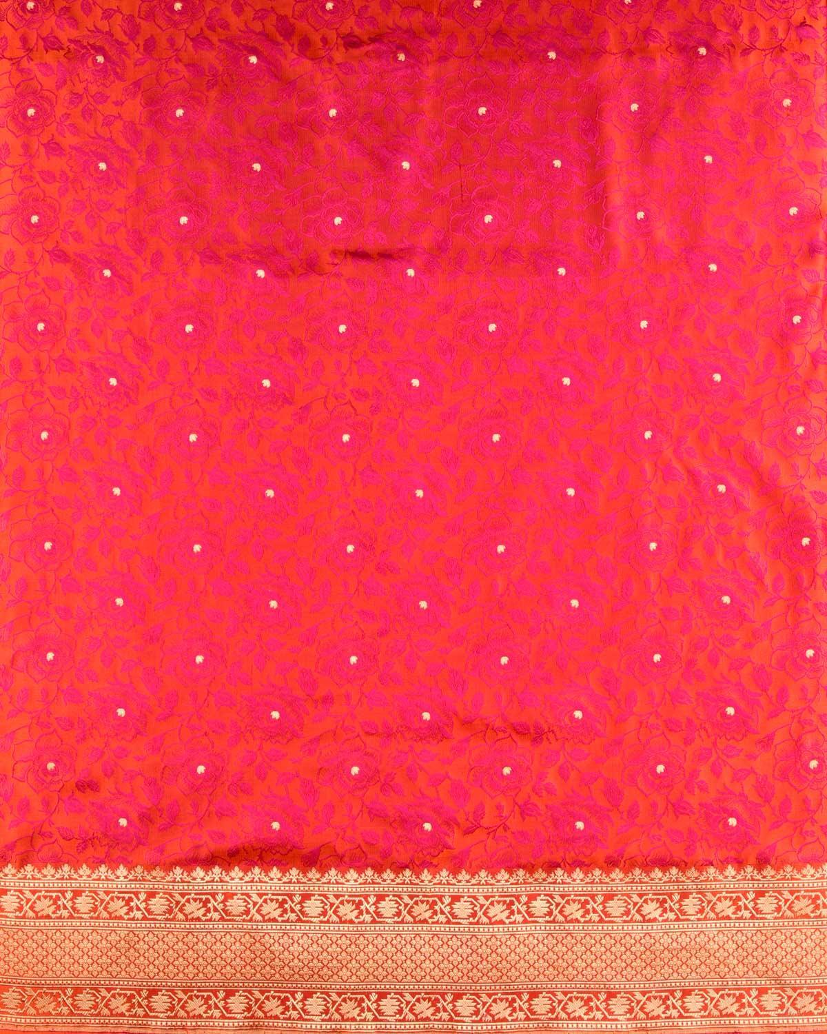 Shot Pink On Orange Banarasi Gulab Jaal Tanchoi Brocade Handwoven Katan Silk Saree - By HolyWeaves, Benares