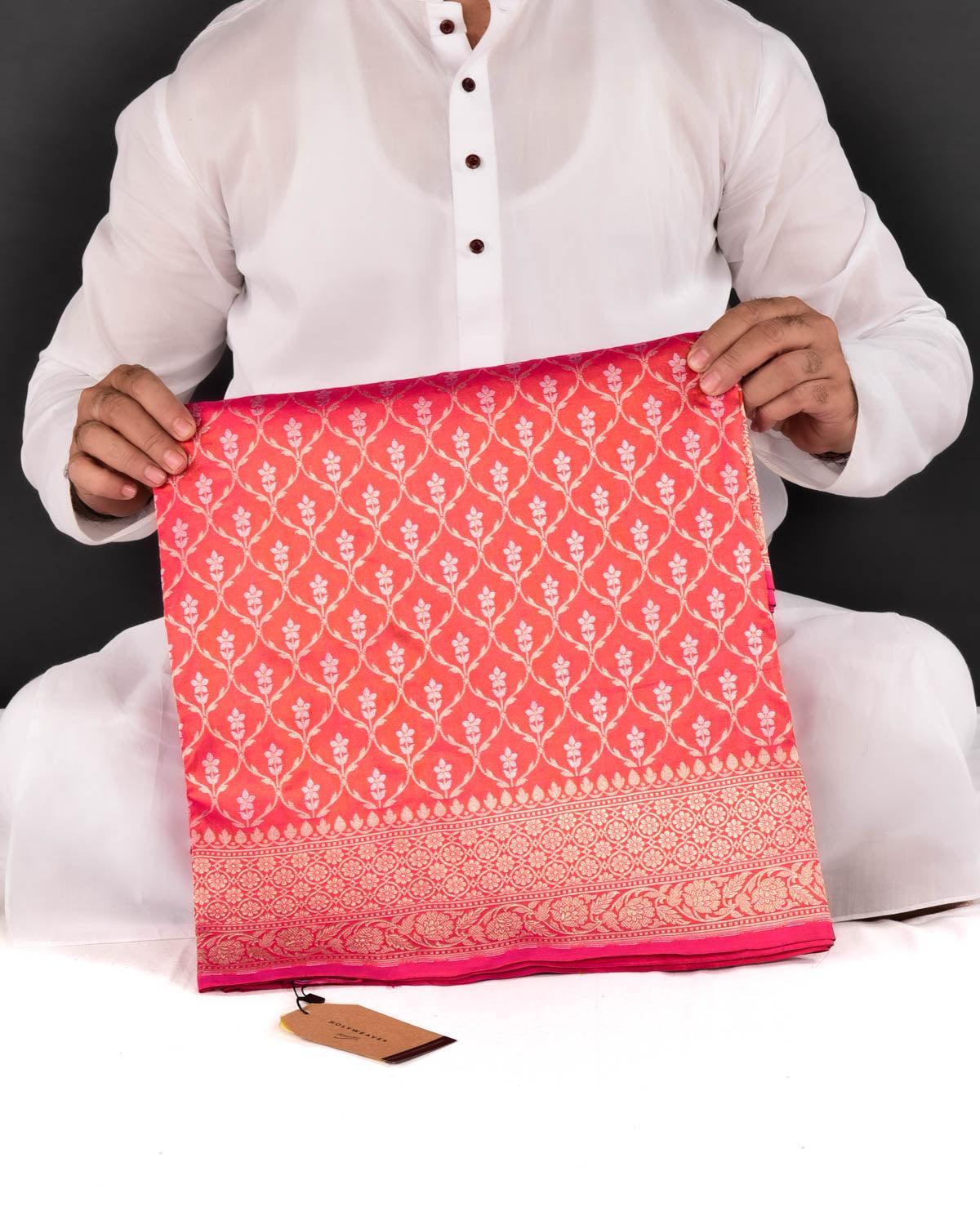 Shot Pink-Orange Banarasi Gold & Silver Zari Alfi Jangla Cutwork Brocade Handwoven Katan Silk Saree - By HolyWeaves, Benares