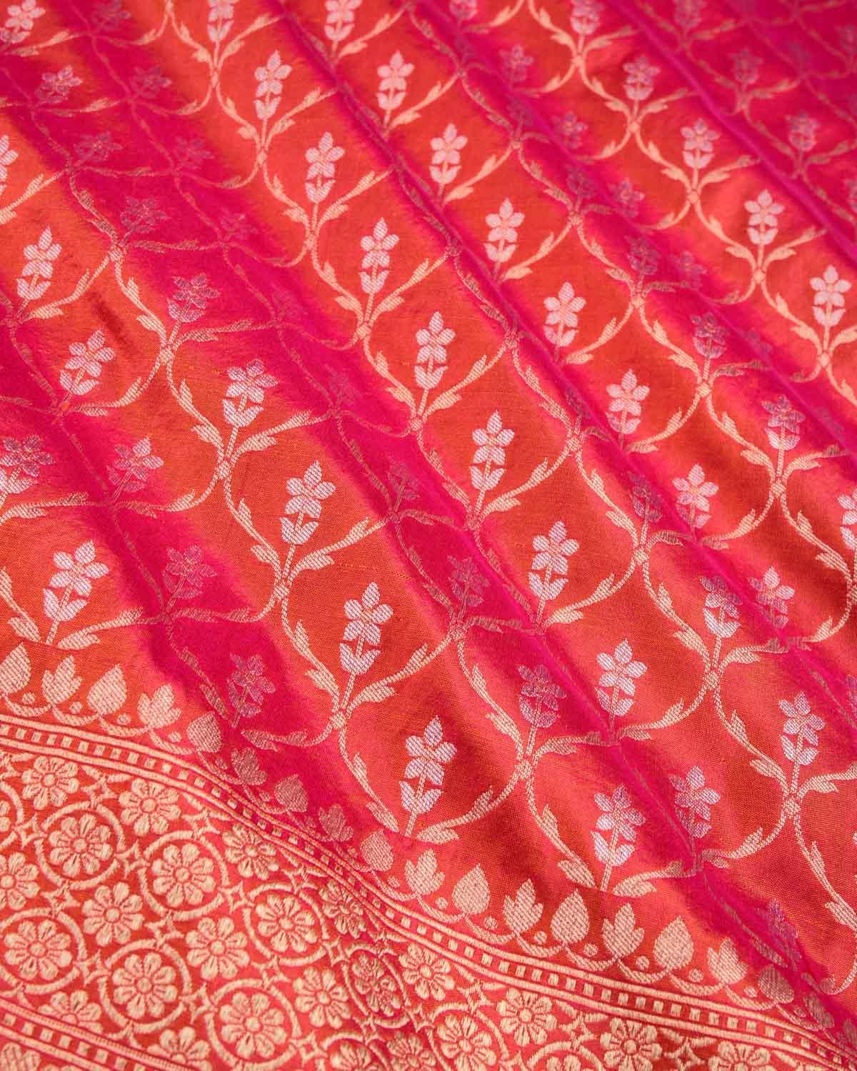 Shot Pink-Orange Banarasi Gold & Silver Zari Alfi Jangla Cutwork Brocade Handwoven Katan Silk Saree - By HolyWeaves, Benares