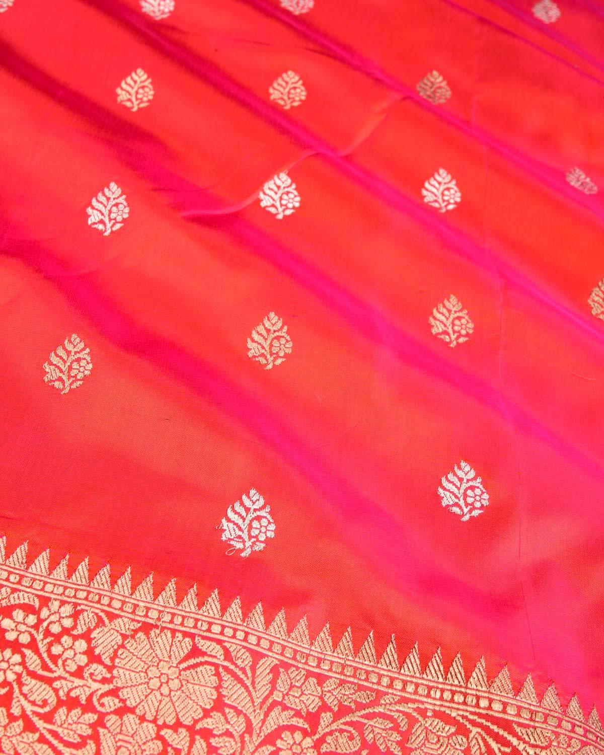 Shot Pink-Orange Banarasi Silver & Gold Zari Buti Kadhuan Brocade Handwoven Katan Silk Saree - By HolyWeaves, Benares