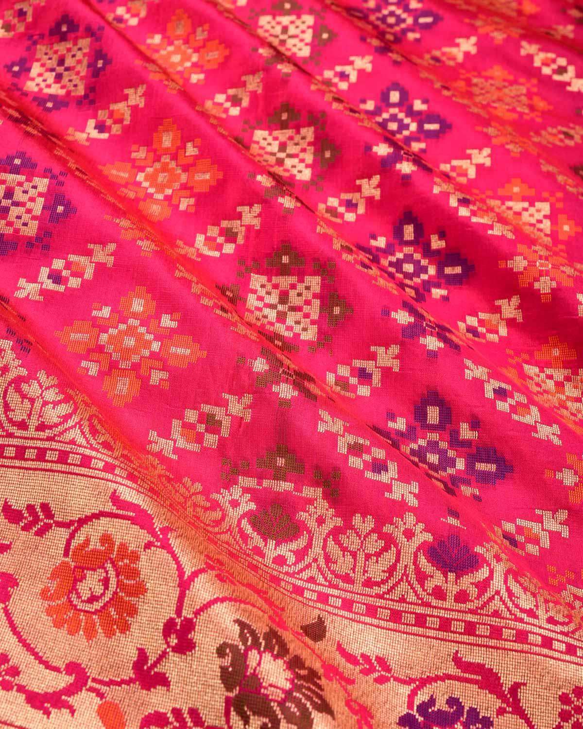 Shot Rani Pink Banarasi Patola Tehra Meena Gold Zari Cutwork Brocade Handwoven Katan Silk Saree - By HolyWeaves, Benares