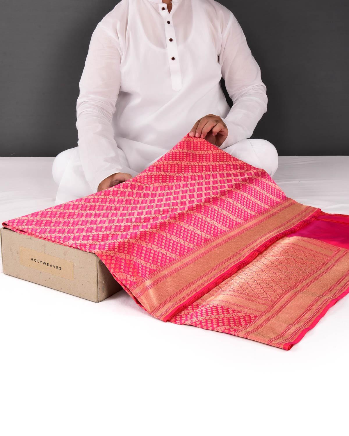 Shot Red Pink Banarasi Diagonal Stripes Gold Zari Brocade Handwoven Katan Silk Saree - By HolyWeaves, Benares