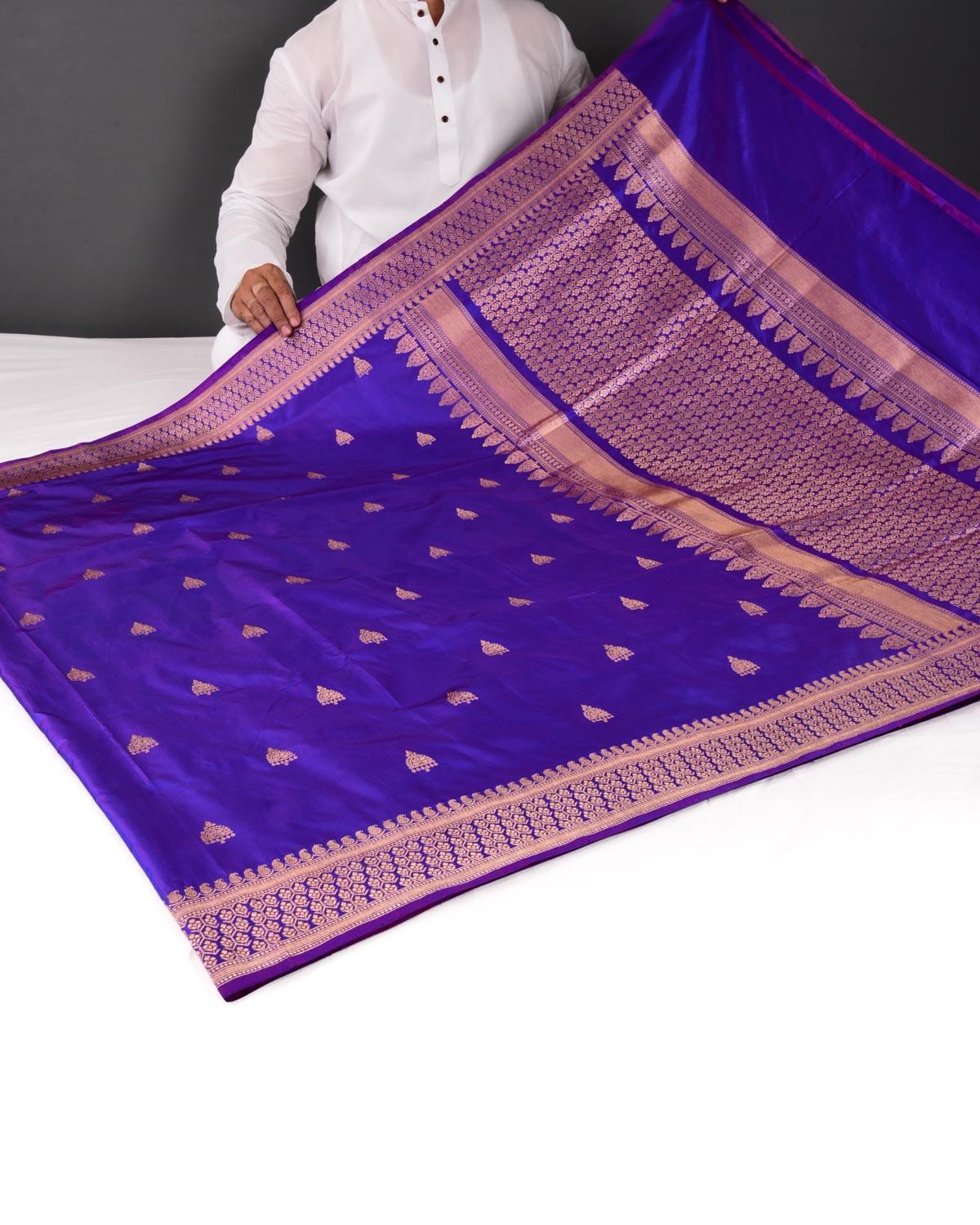 Shot Royal Blue Banarasi Gold Zari Buti Kadhuan Brocade Handwoven Katan Silk Saree - By HolyWeaves, Benares