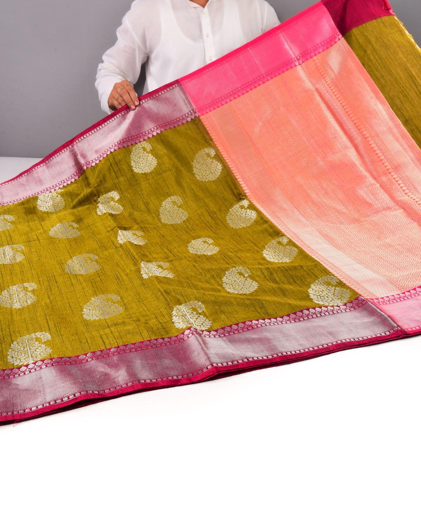 Sunny Green Banarasi Silver Paisley Buta Cutwork Brocade Woven Art Cotton Silk Saree - By HolyWeaves, Benares