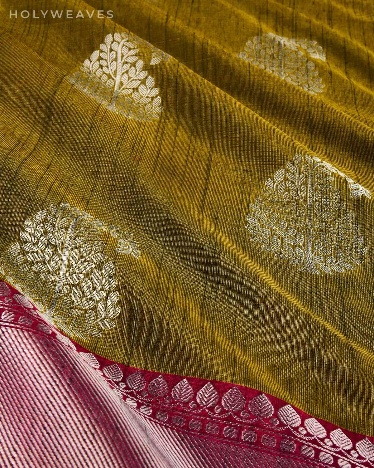 Sunny Green Banarasi Silver Paisley Buta Cutwork Brocade Woven Art Cotton Silk Saree - By HolyWeaves, Benares