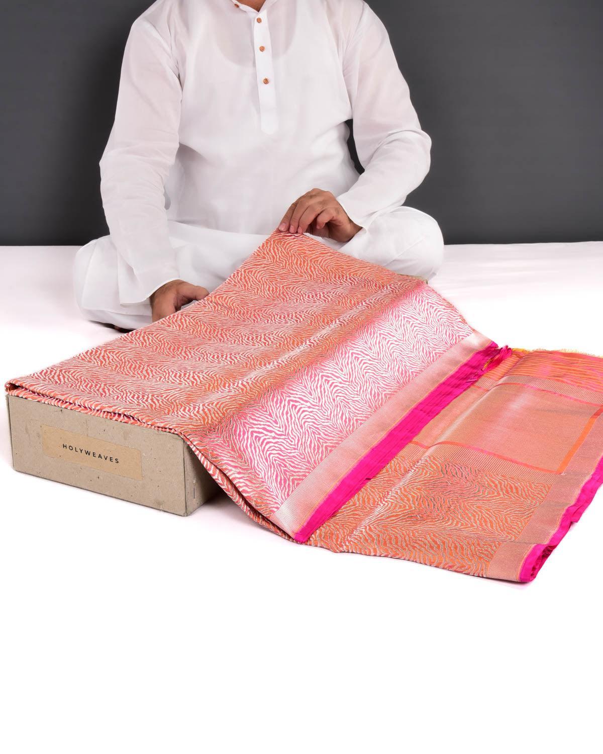 Sunny Pink Banarasi Gold Zari "Tigress" Stripes Brocade Handwoven Katan Silk Saree - By HolyWeaves, Benares