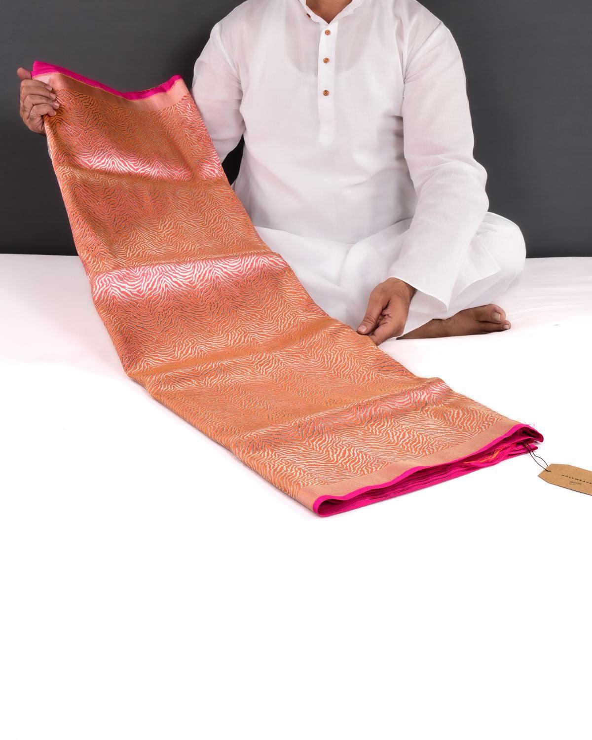 Sunny Pink Banarasi Gold Zari "Tigress" Stripes Brocade Handwoven Katan Silk Saree - By HolyWeaves, Benares