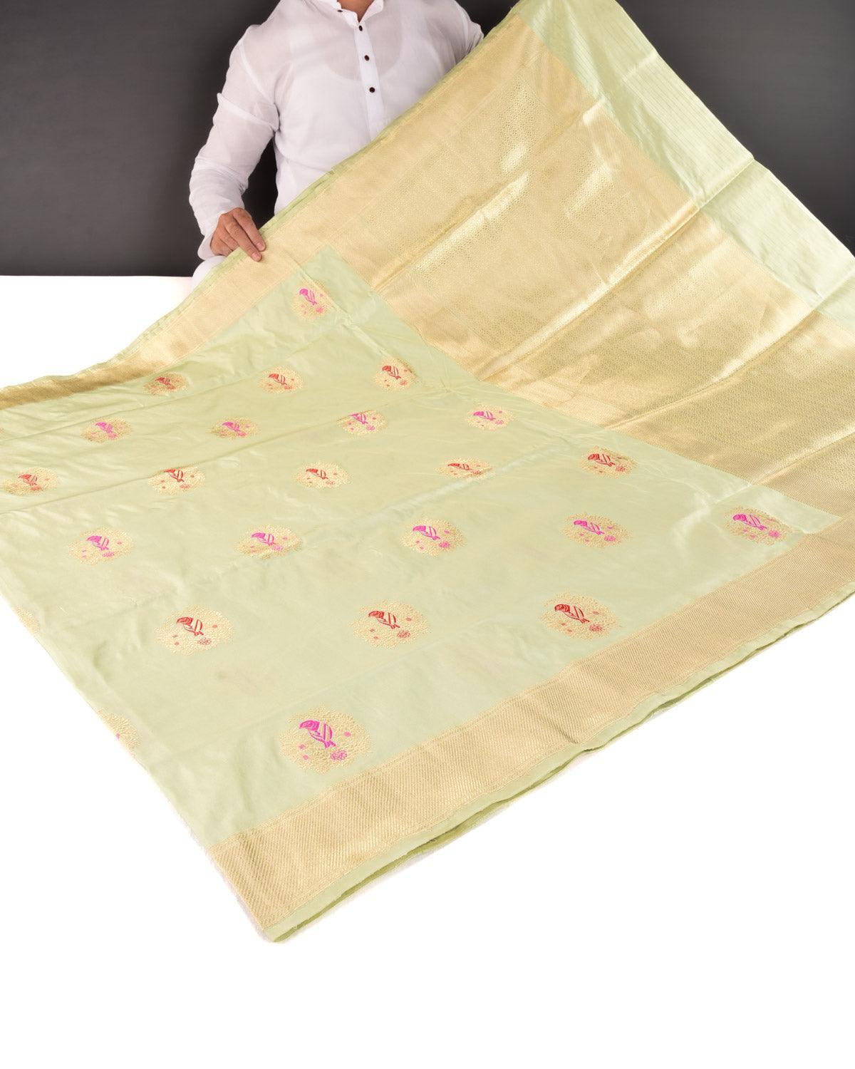 Tea Green Banarasi Gold Zari & Resham Bird Nest Kadhuan Brocade Handwoven Katan Silk Saree - By HolyWeaves, Benares