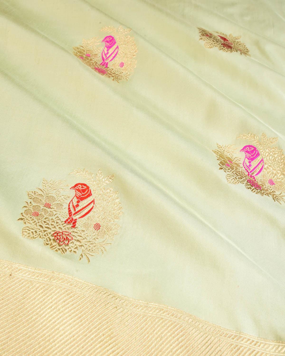 Tea Green Banarasi Gold Zari & Resham Bird Nest Kadhuan Brocade Handwoven Katan Silk Saree - By HolyWeaves, Benares