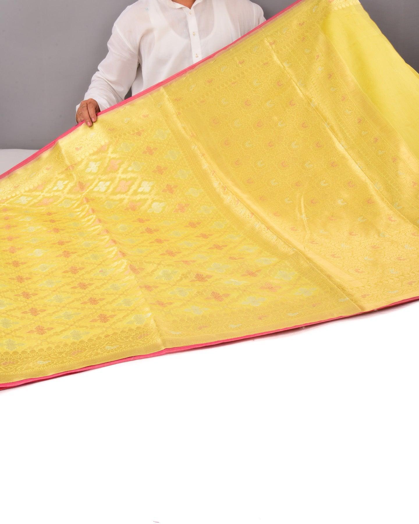 Tea Green Banarasi Jangla Alfi Cutwork Brocade Woven Cotton Silk Saree - By HolyWeaves, Benares