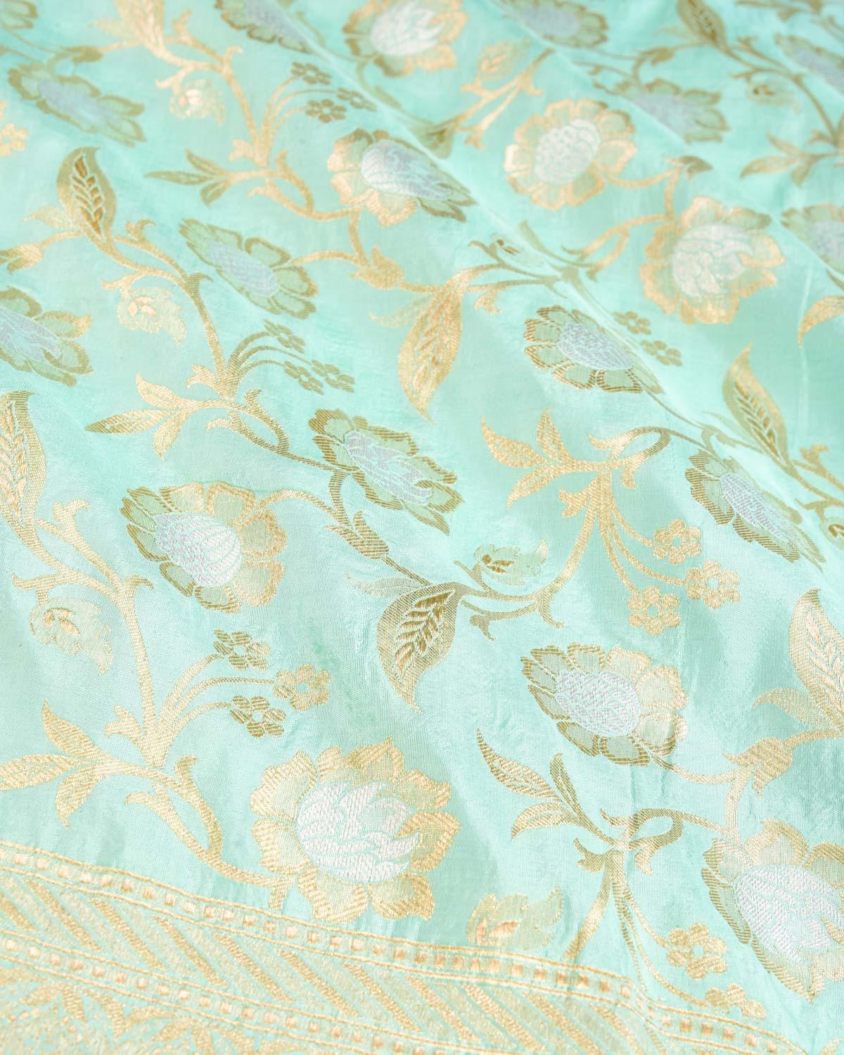 Tiffany Blue Banarasi Gold & Silver Zari Alfi Floral Jaal Cutwork Brocade Handwoven Katan Silk Saree - By HolyWeaves, Benares