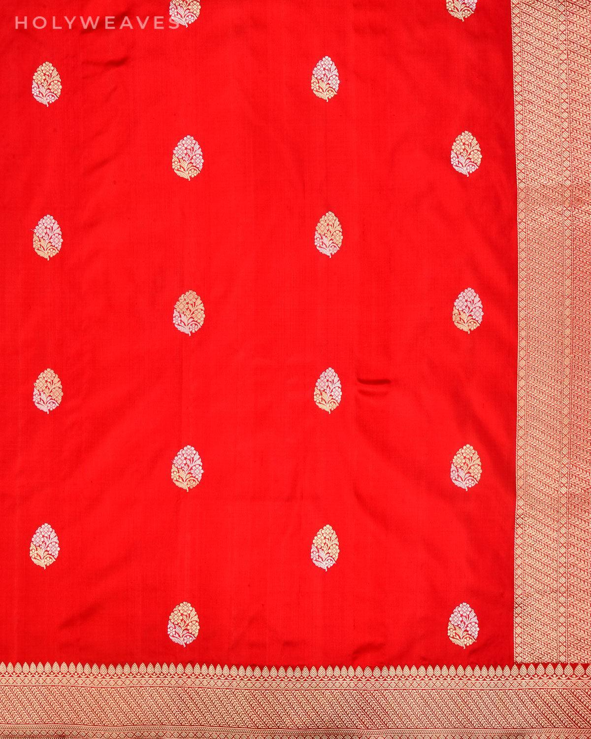 Vibrant Red Banarasi Alfi Sona Rupa Kadhuan Brocade Handwoven Katan Silk Dupatta - By HolyWeaves, Benares