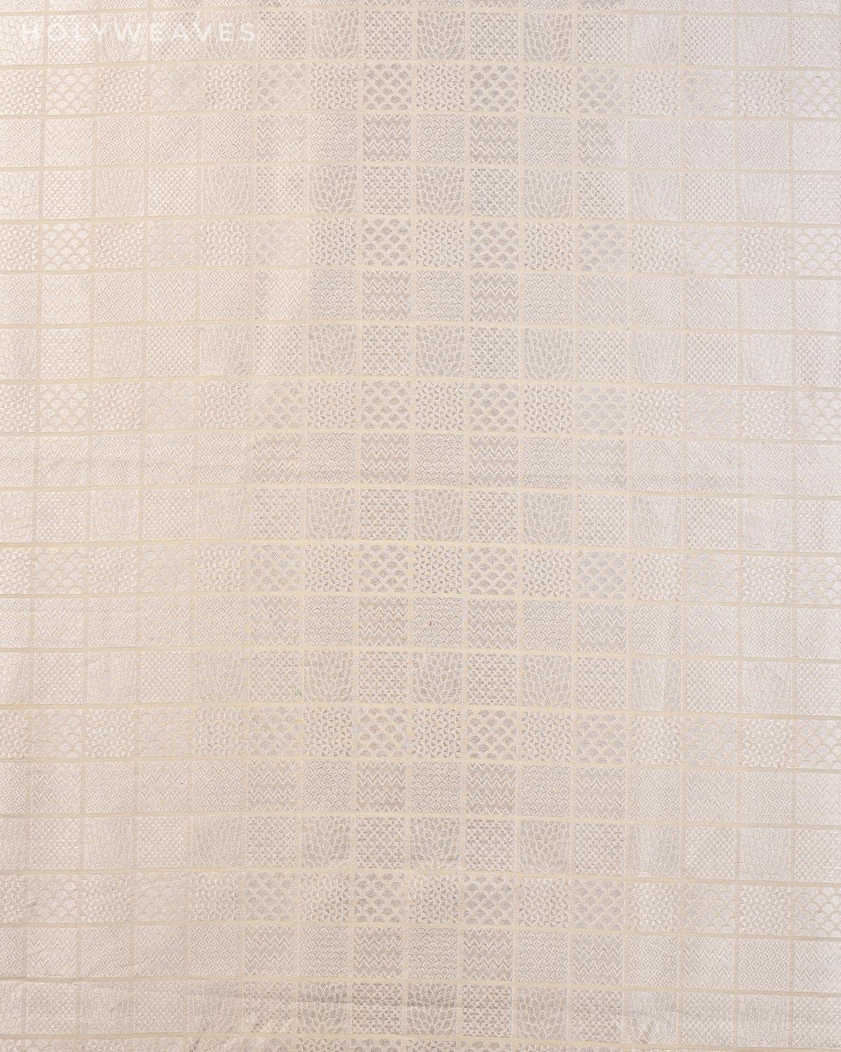 White Banarasi Chequered Silver Zari Brocade Handwoven Cotton Silk Fabric - By HolyWeaves, Benares