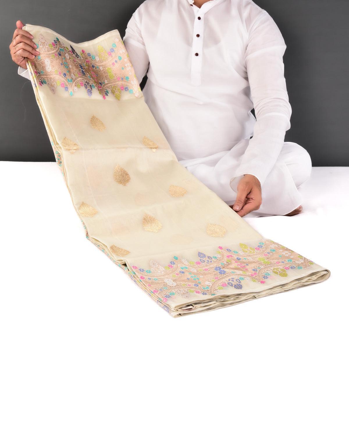 White Banarasi Gold Zari Buta Kadhuan Brocade Handwoven Kora Silk Saree with Meenekari Border Pallu - By HolyWeaves, Benares