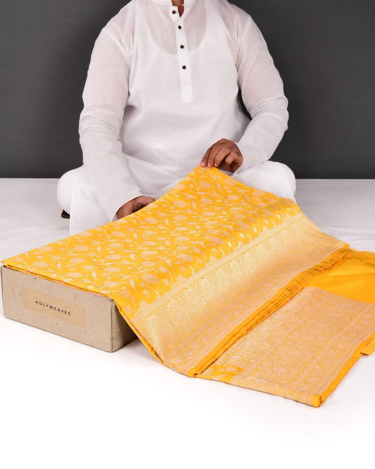 Yellow Banarasi Floral Jaal Gold Zari Cutwork Brocade Handwoven Katan Silk Saree - By HolyWeaves, Benares