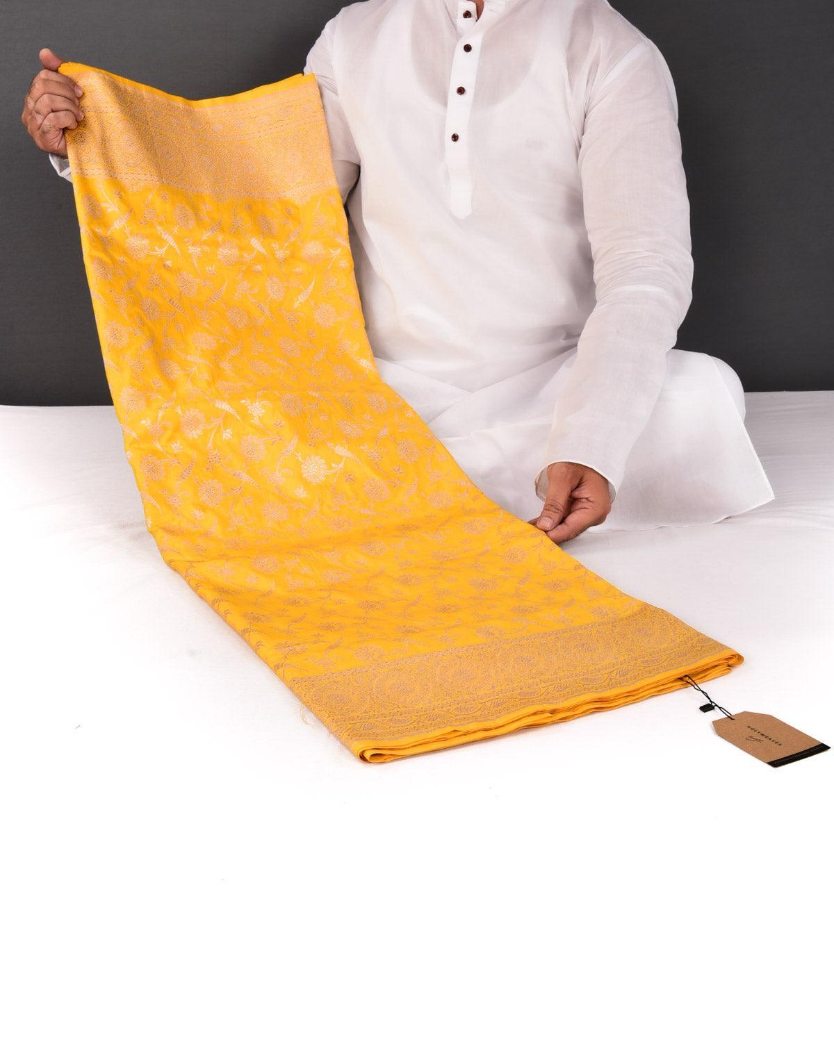 Yellow Banarasi Floral Jaal Gold Zari Cutwork Brocade Handwoven Katan Silk Saree - By HolyWeaves, Benares