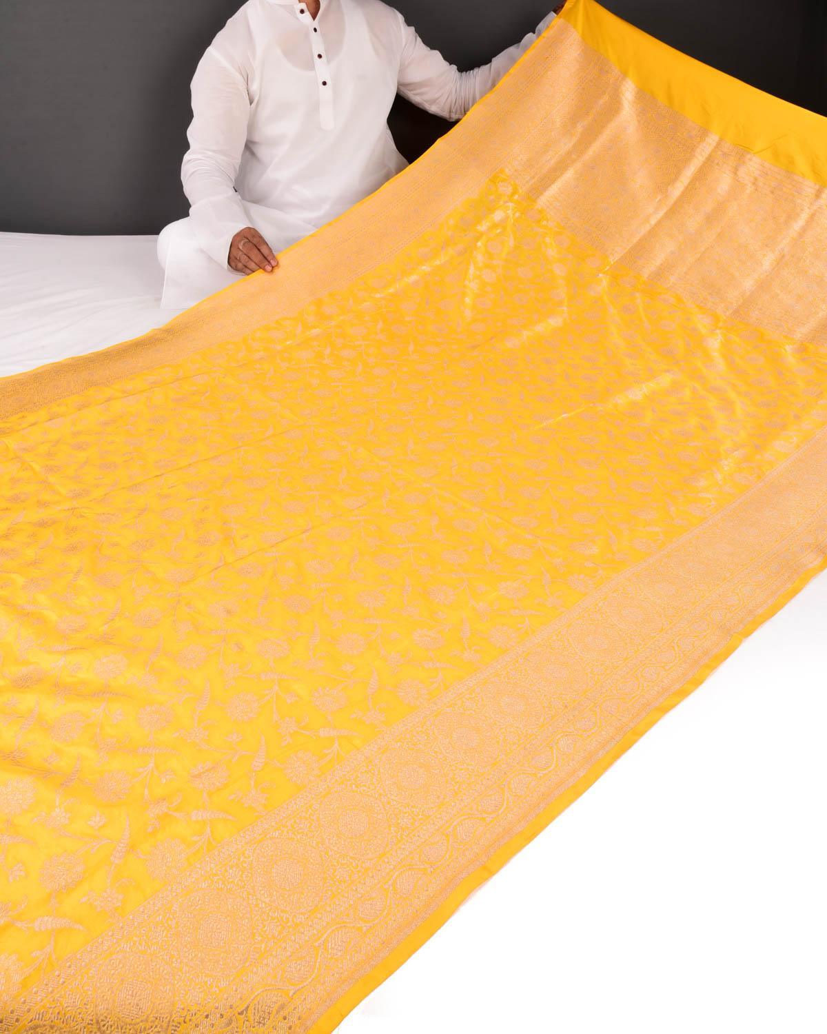 Yellow Banarasi Floral Jaal Gold Zari Cutwork Brocade Handwoven Katan Silk Saree - By HolyWeaves, Benares