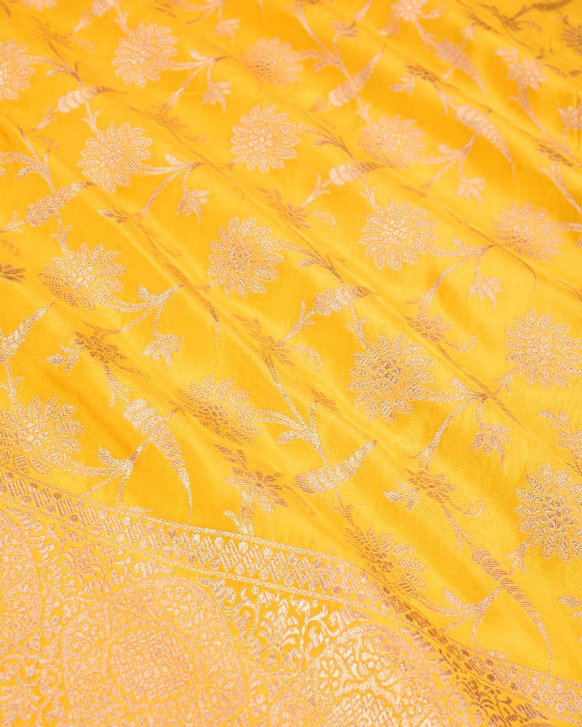 Yellow Banarasi Floral Jaal Gold Zari Cutwork Brocade Handwoven Katan Silk Saree - By HolyWeaves, Benares