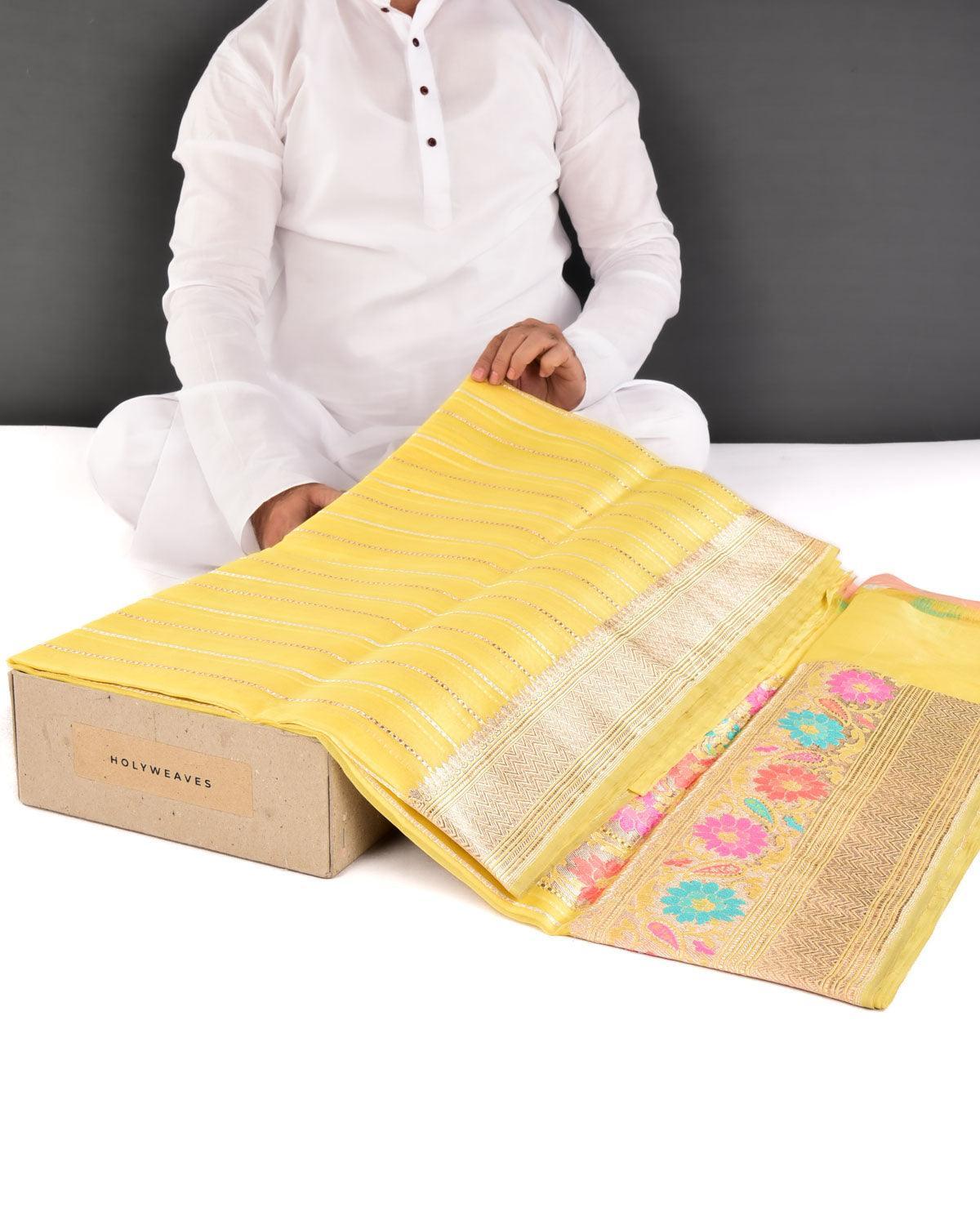 Yellow Banarasi Gold & Silver Zari Dotted Stripes Kadhuan Brocade Handwoven Kora Silk Saree with Meenekari Border Pallu - By HolyWeaves, Benares